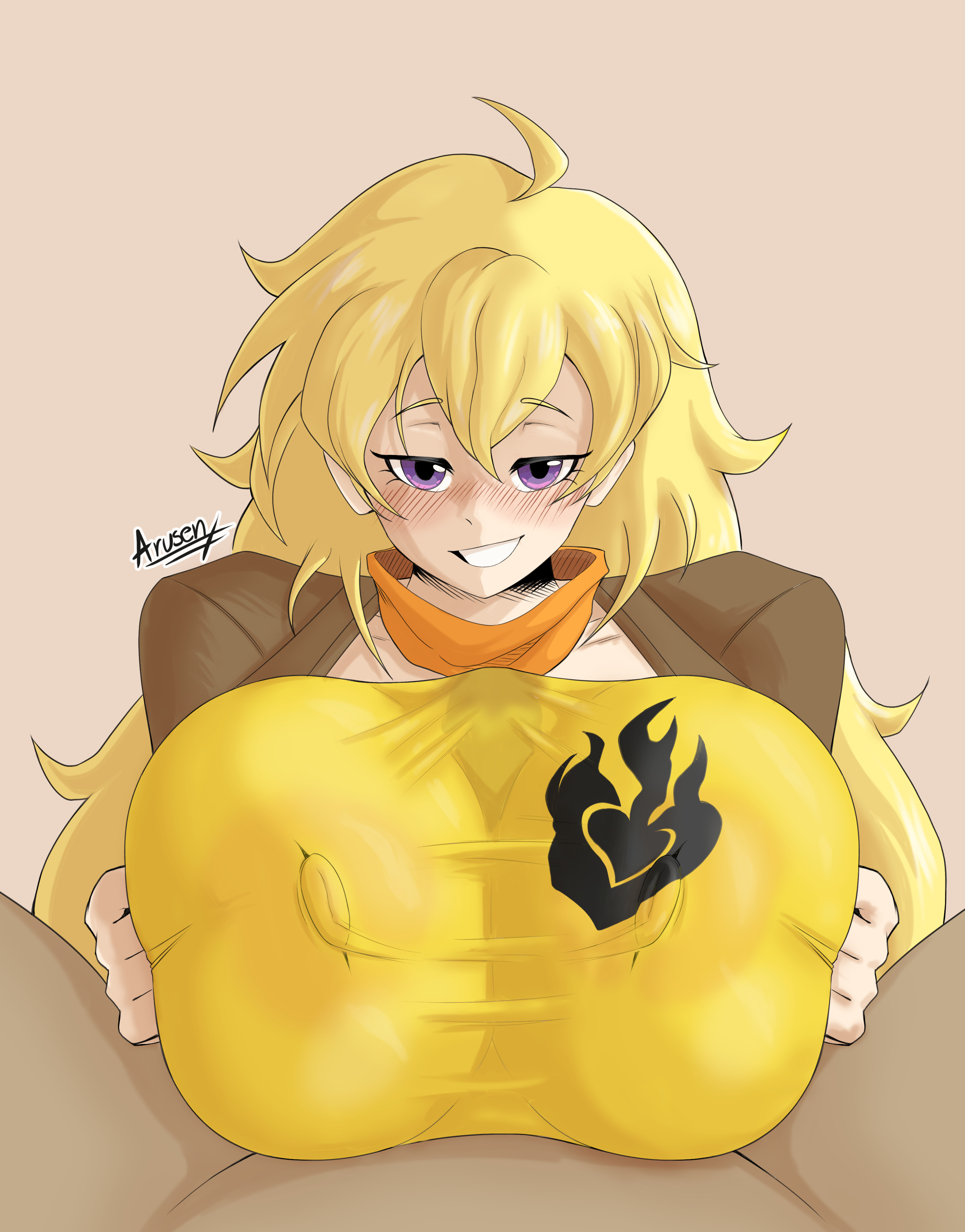 1boy, 1girls, areolae, arusen, big breasts, big penis, blonde hair, bodily fluids, breasts, breasts bigger than head, duo, eyebrows, female, huge breasts, large breasts, male, male pov, nipples, nipples visible through clothing, paizuri, paizuri under clothes, penis, pov, purple eyes, rooster teeth, rwby, scarf, smile, teeth, yang xiao long