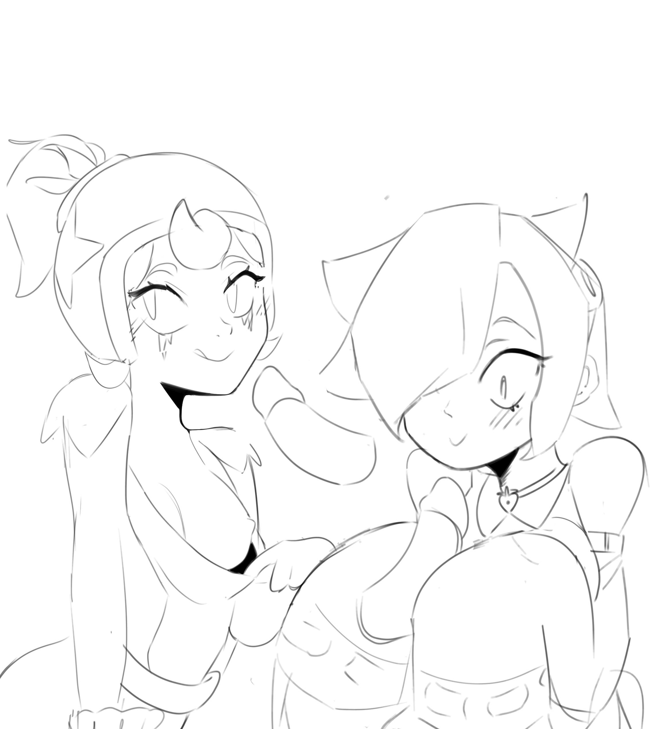 1boy, 2girls, brawl stars, breasts, breasts out, colette (brawl stars), female, happy, janet (brawl stars), looking at penis, male, penis, xyraabs