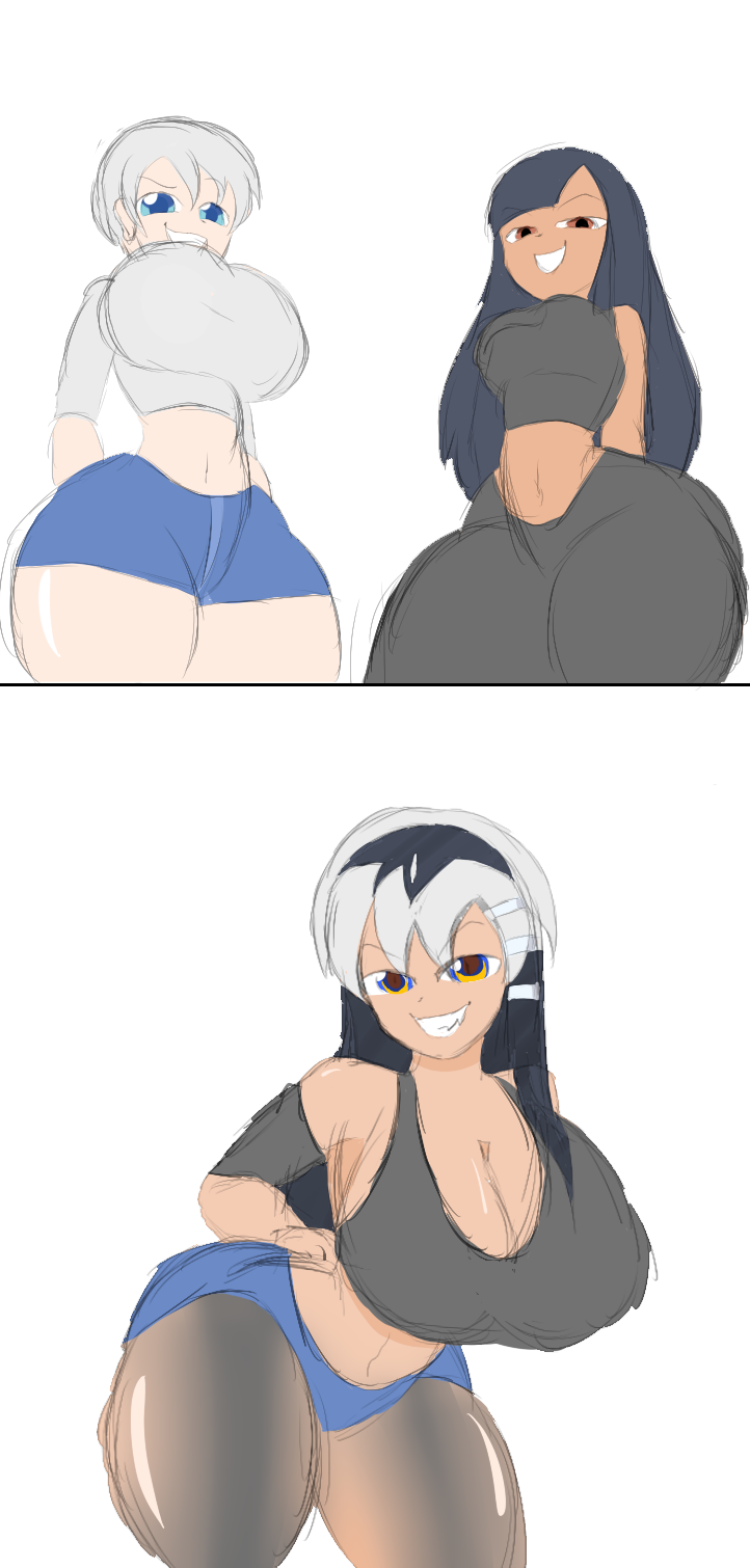 2girls big_breasts black_hair blue_eyes breasts brown_eyes cleavage clothed clothing crossover curvy doctordrawnass female female_only fusion grey_hair hayase_nagatoro hi_res highres long_hair looking_at_viewer multiple_girls please_don't_bully_me,_nagatoro pose revealing_clothes simple_background tan tan-skinned_female tan_body tan_skin tanned tanned_female uzaki-chan_wa_asobitai! uzaki_hana white_background wide_hips