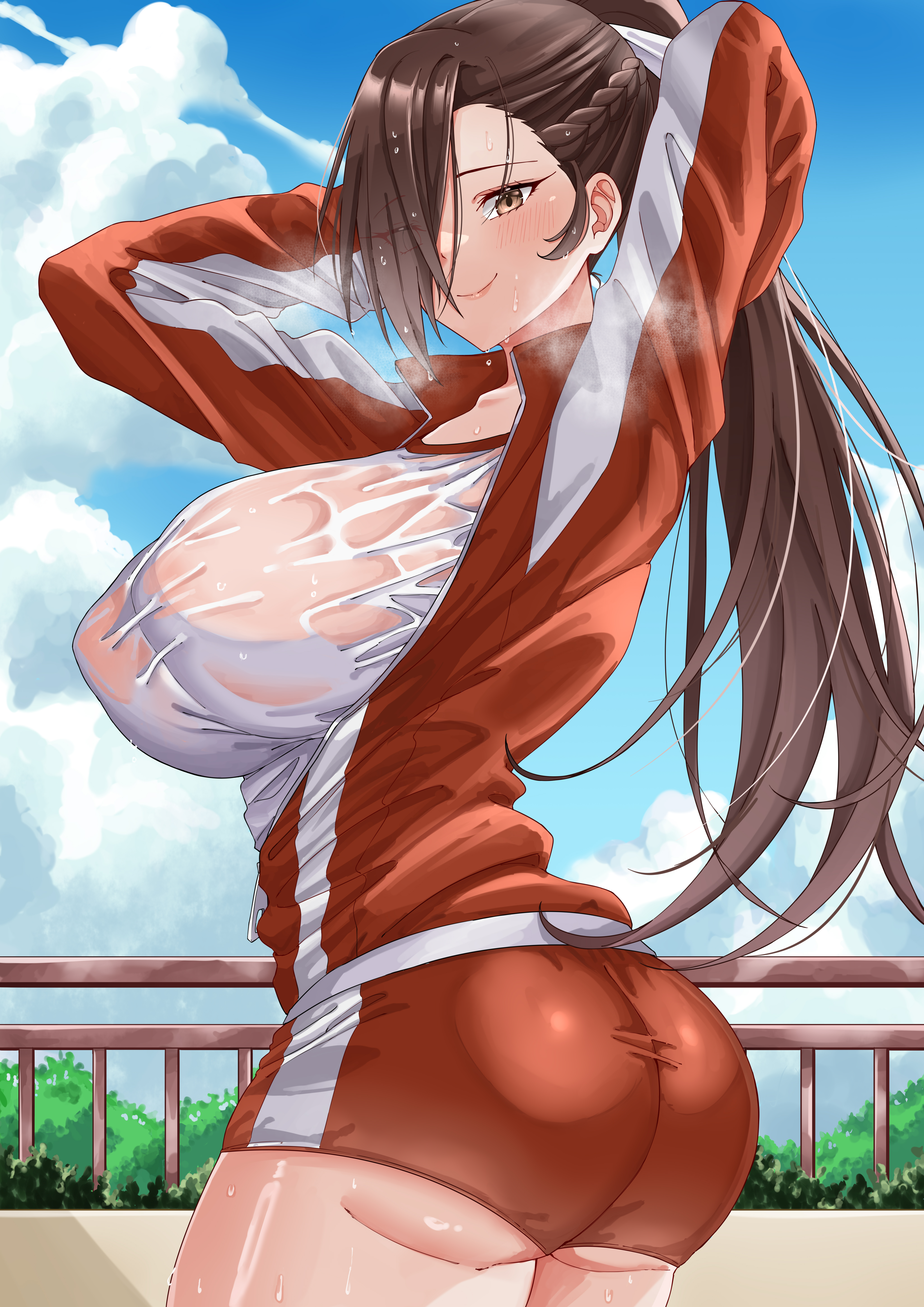 1girls, 2023, absurdres, alternate costume, arms behind head, ass, ass peek, big ass, bloomers, blue sky, blush, braid, breasts, brown eyes, brown hair, cloud, commission, female, female only, fence, fire emblem, fire emblem fates, gym clothes, gym shorts, gym uniform, hair ornament, hair over one eye, hair ribbon, highres, jacket, kagero (fire emblem), large breasts, light skin, light-skinned female, long hair, looking at viewer, mature female, nintendo, nipples, outdoors, ponytail, railing, red bloomers, rynn (darknescorez), see-through, see-through clothing, see-through shirt, shirt, shorts, sky, solo, sportswear, steaming body, sweat, sweatdrop, track jacket, track suit, tree, undersized clothes, wet, wet clothes, wet shirt, white shirt, workout