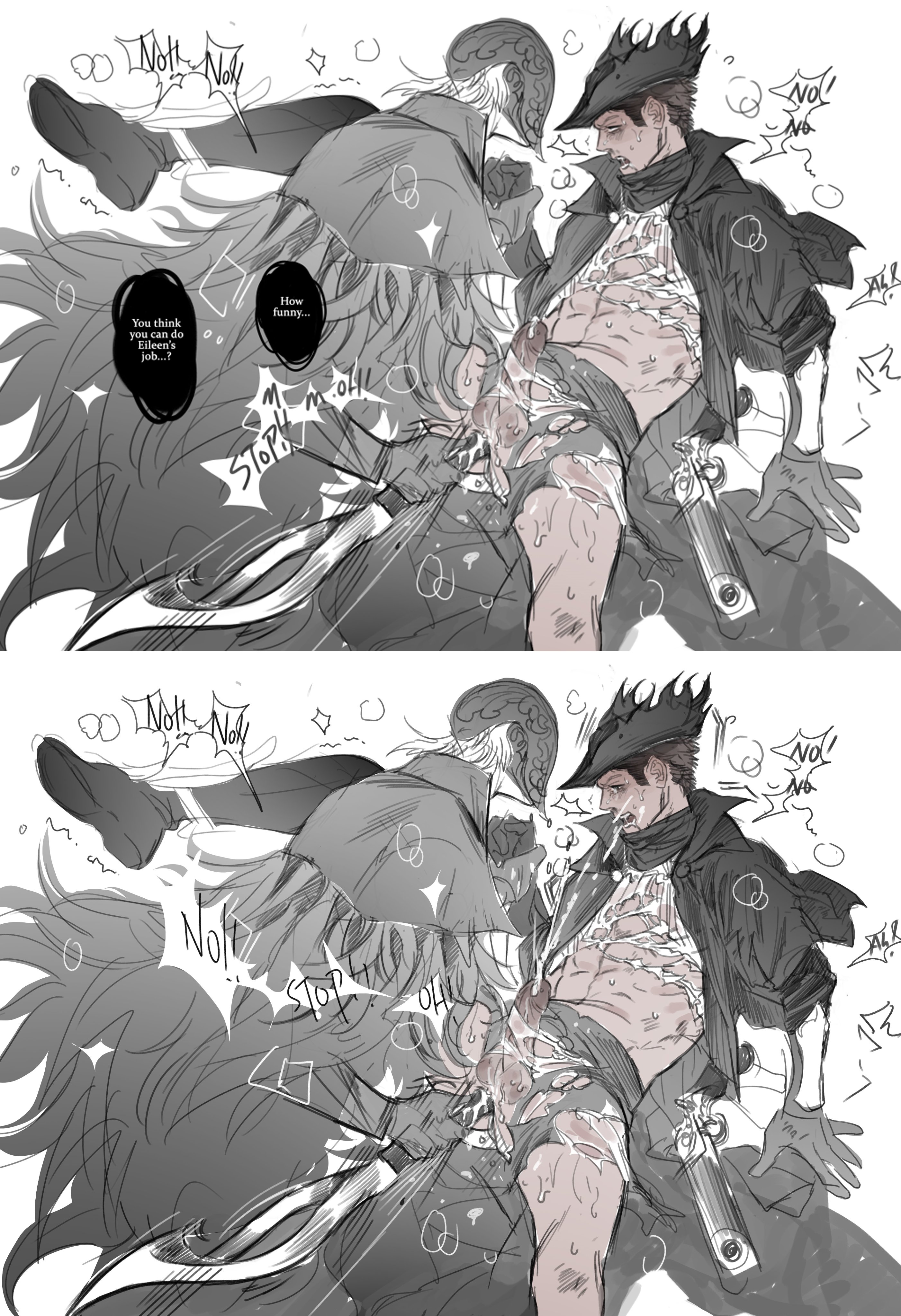 2boys, anal, anal insertion, bloodborne, bloody crow of cainhurst, clothed, cum, dialogue, ejaculation, english text, erection, explicitly stated nonconsent, fromsoftware, hunter (bloodborne), improvised sex toy, leg up, male, male only, mask, masked, masked male, multiple images, penis, rape, siinnk, spread legs, sweat, sword, torn clothes, uncensored, weapon, wrist grab, yaoi