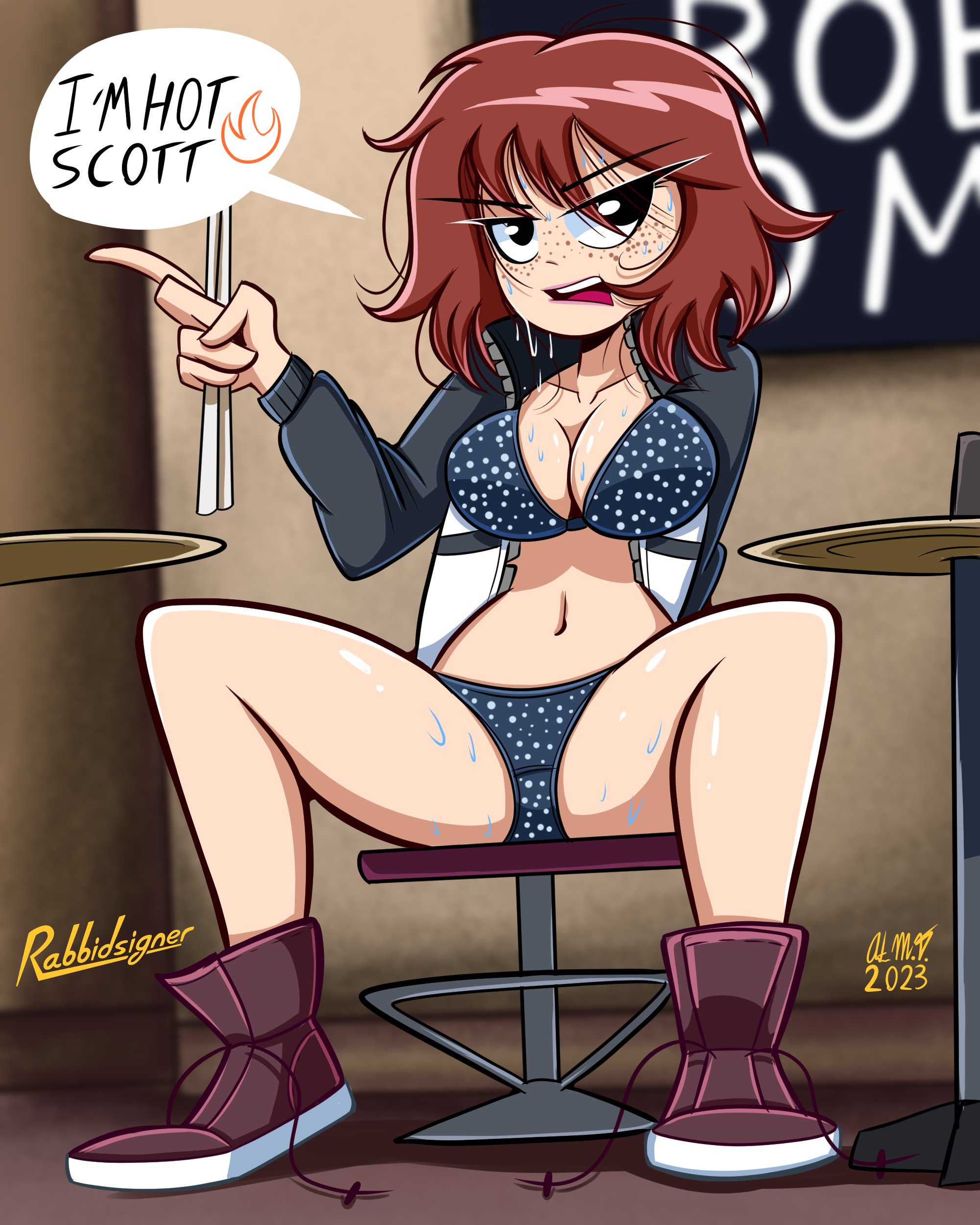 1girls, black eyes, brown hair, female, freckles, holding object, kim pine, rabbidsigner, reddish hair, scott pilgrim, short hair, solo, solo female, spread legs, sweat, underwear