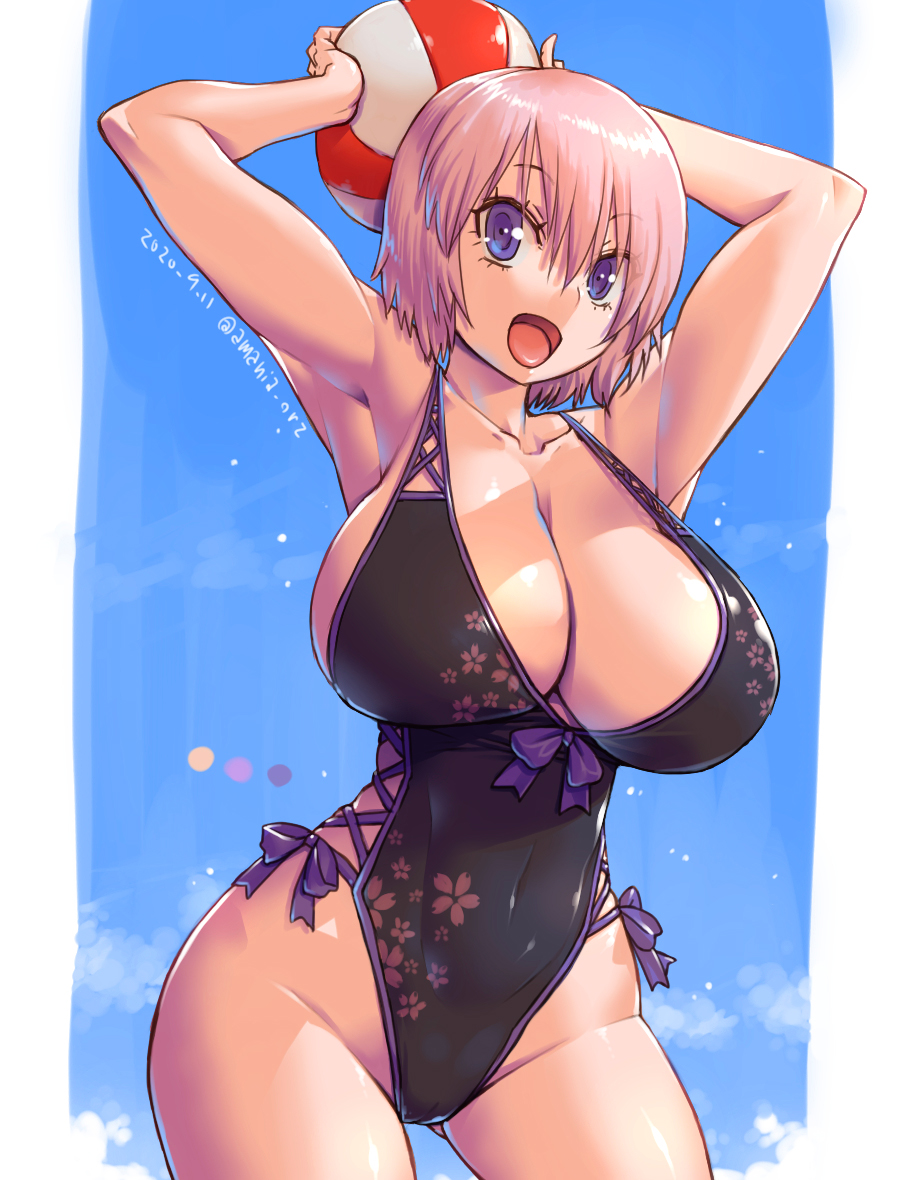 1girls amania_orz bare_legs breasts cleavage fate/grand_order fate_(series) female huge_breasts large_breasts looking_at_viewer mash_kyrielight one-piece_swimsuit open_mouth pink_hair purple_eyes short_hair smile solo swimsuit voluptuous