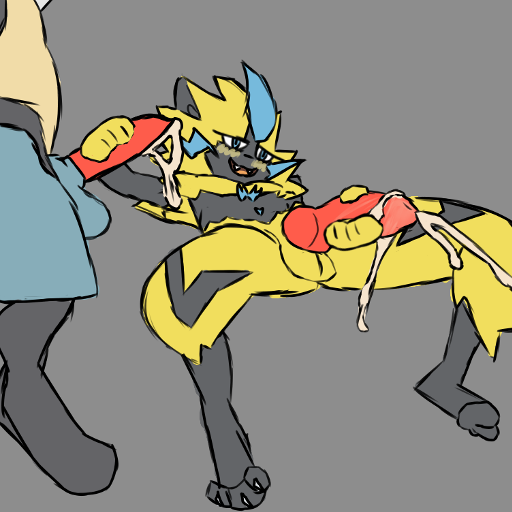 anthro blue_body blue_fur blush bodily_fluids clivvinfurry cum cum_drip cum_on_penis dripping fur generation_7_pokemon genital_fluids genitals knot legendary_pokemon male male/male nintendo penis pokemon pokemon_(species) yellow_body yellow_fur zeraora