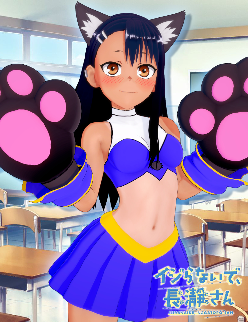 1girls 3d black_hair blush breasts brown_eyes cat_ears cat_tail catgirl clothed clothing earrings evaan female female_focus female_only hayase_nagatoro hi_res highres japanese_text long_hair looking_at_viewer navel please_don't_bully_me,_nagatoro pose revealing_clothes simple_background skirt small_breasts smile solo tan tan-skinned_female tan_body tan_skin tanline tanned tanned_female text translation_request