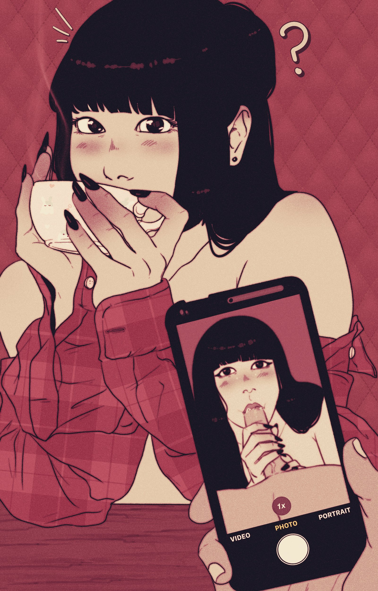 black hair, drinking, fellatio, juxtaposition, ladypaprika, long hair, looking at viewer, oral, smartphone, trans woman, transfem