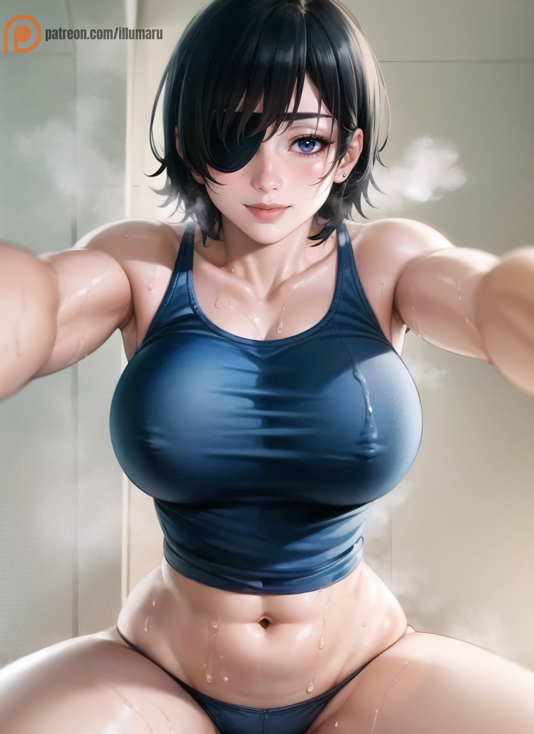 1girls, 2023, ai generated, bed, bedroom, big breasts, blue eyes, breasts, chainsaw man, cleavage, dark hair, detailed, eye patch, female, female only, fit, fit female, from below, green eyes, hi res, himeno (chainsaw man), hug, illumaru, mappa, midriff, narrow waist, navel, nipples visible through clothing, panties, pov, seductive smile, short hair, smile, smiling at viewer, solo, stable diffusion, steam, sweat, sweatdrop, thick thighs, underwear, upright straddle, voluptuous, wet, wet clothes, wide hips