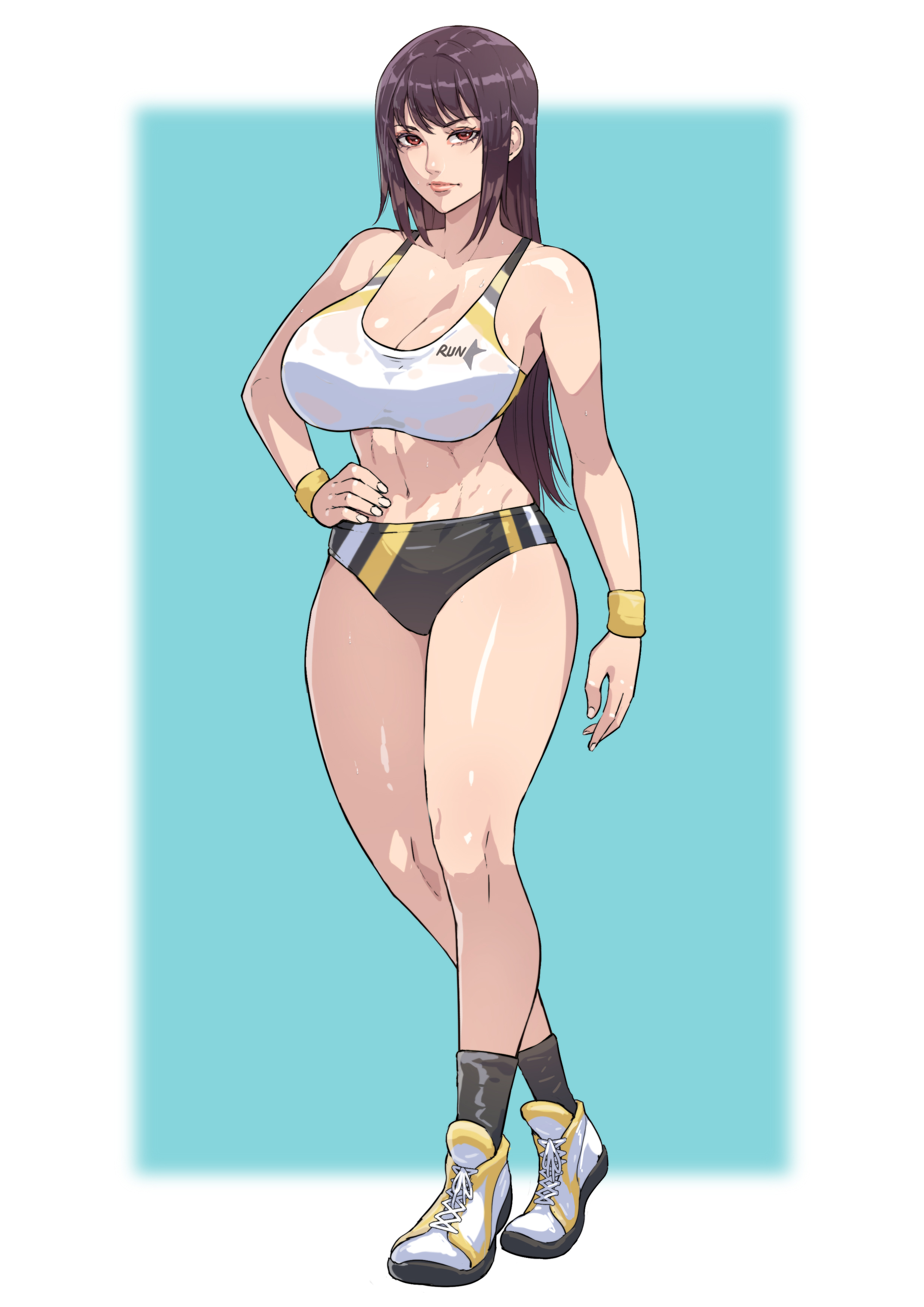 1girls, big breasts, breasts, cirenk, cleavage, clothed, clothing, curvy, female, female focus, female only, hi res, highres, long hair, looking at viewer, navel, please don't bully me, nagatoro, pose, president (nagatoro), purple hair, red eyes, revealing clothes, sana sunomiya, simple background, solo, sports bra, sportswear, standing, wide hips