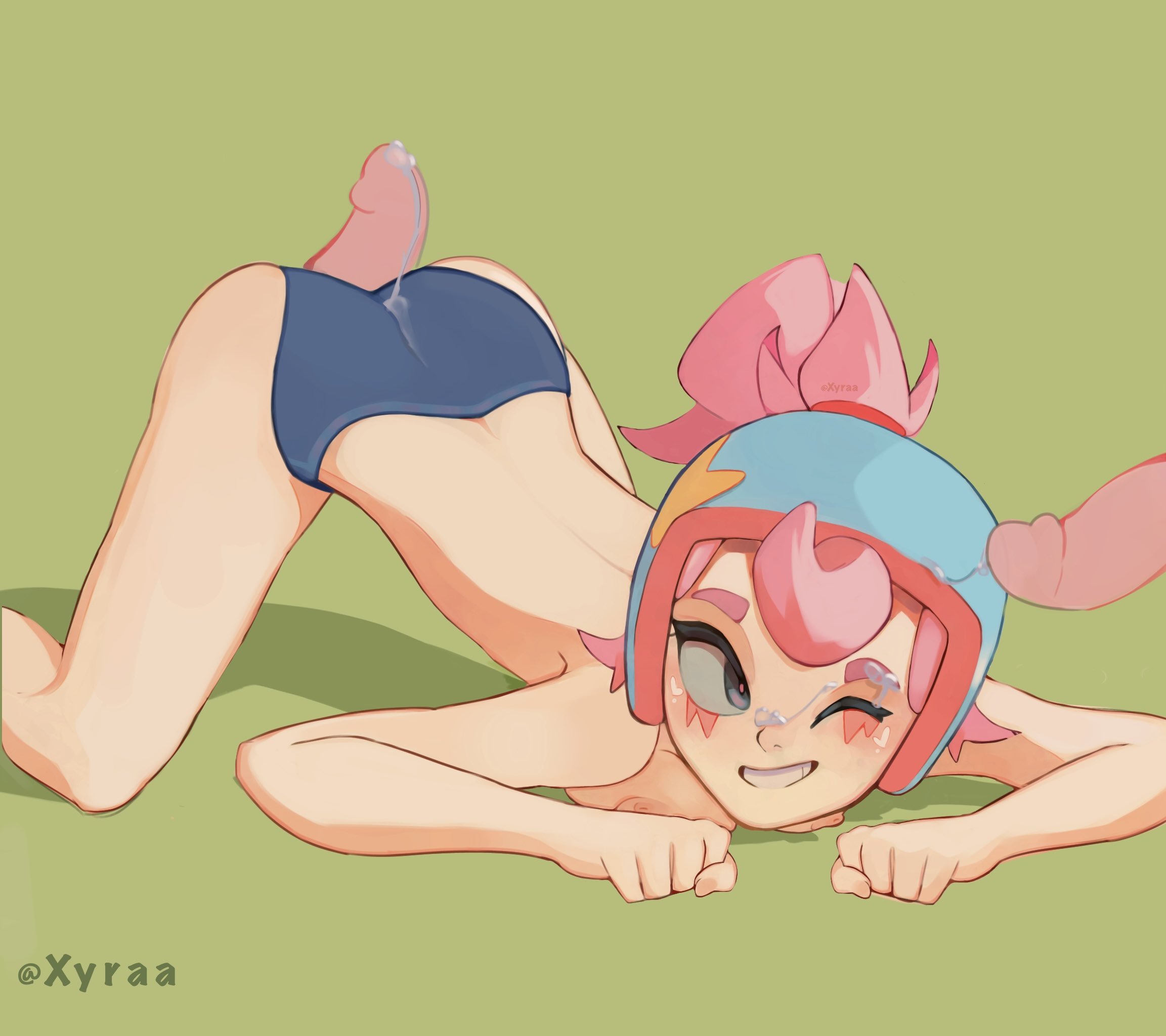 1girls, 2boys, ass, brawl stars, cum, cum on ass, cum on body, cum on face, female, helmet, jack-o pose, janet (brawl stars), male, penis, xyraabs