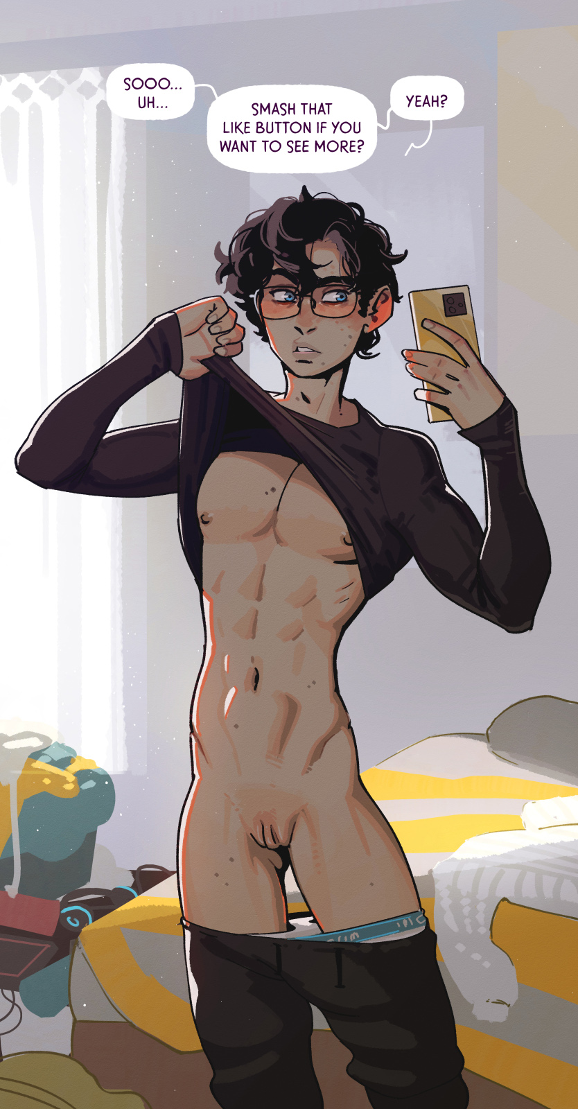 1cuntboy abs black_hair blue_eyes clothes_lift cuntboy cuntboy_only dialogue english_text glasses hi_res holding_phone incase intersex pants_down phone pussy selfie short_hair solo speech_bubble toned toned_cuntboy