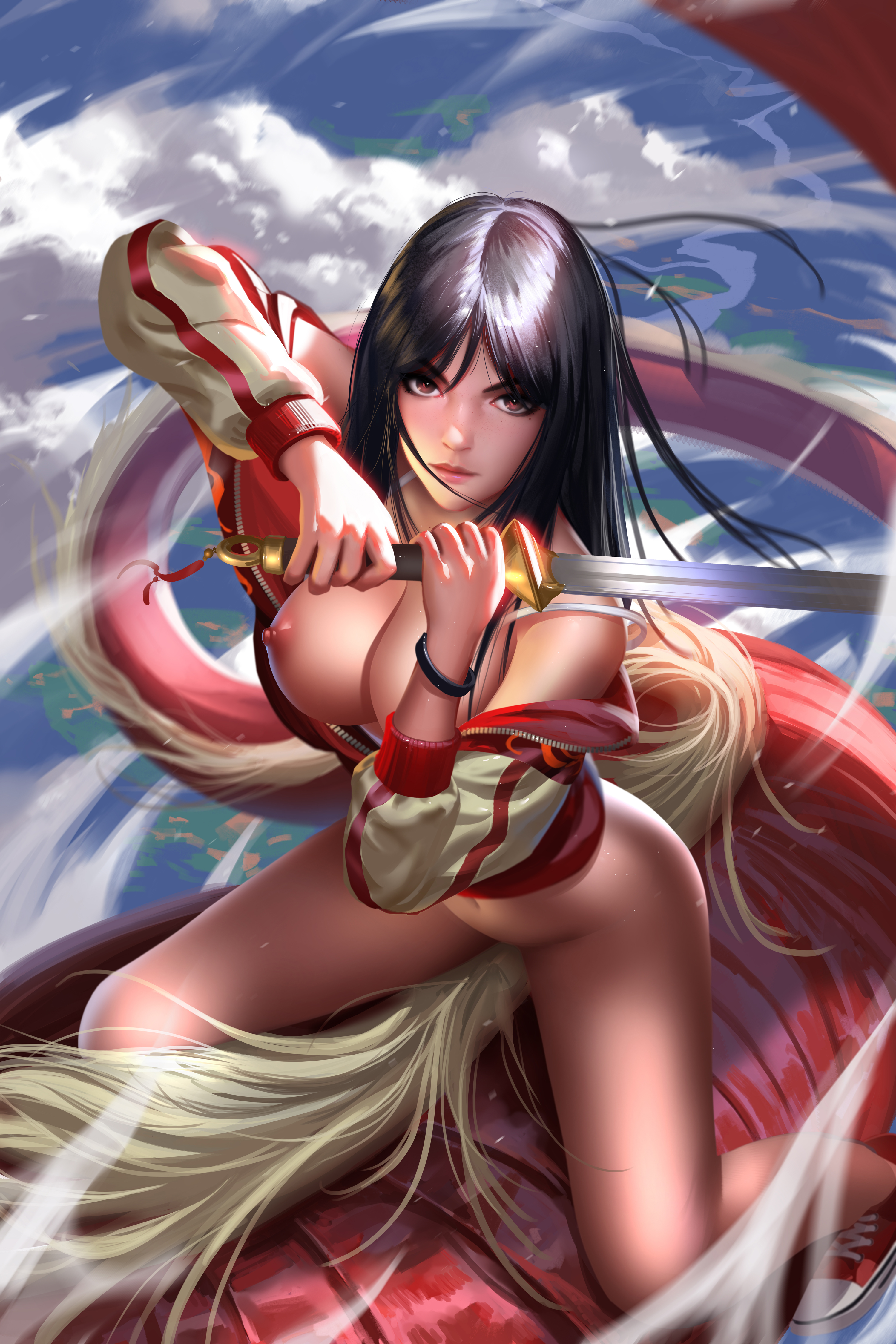 areola, areolae, asian, asian female, black hair, breasts, brown eyes, cloud, detailed background, disney, disney princess, dragon, exposed breasts, fa mulan, female, holding sword, jacket, liang xing, mulan, nature, nude, shoes, sky, sword, very high resolution