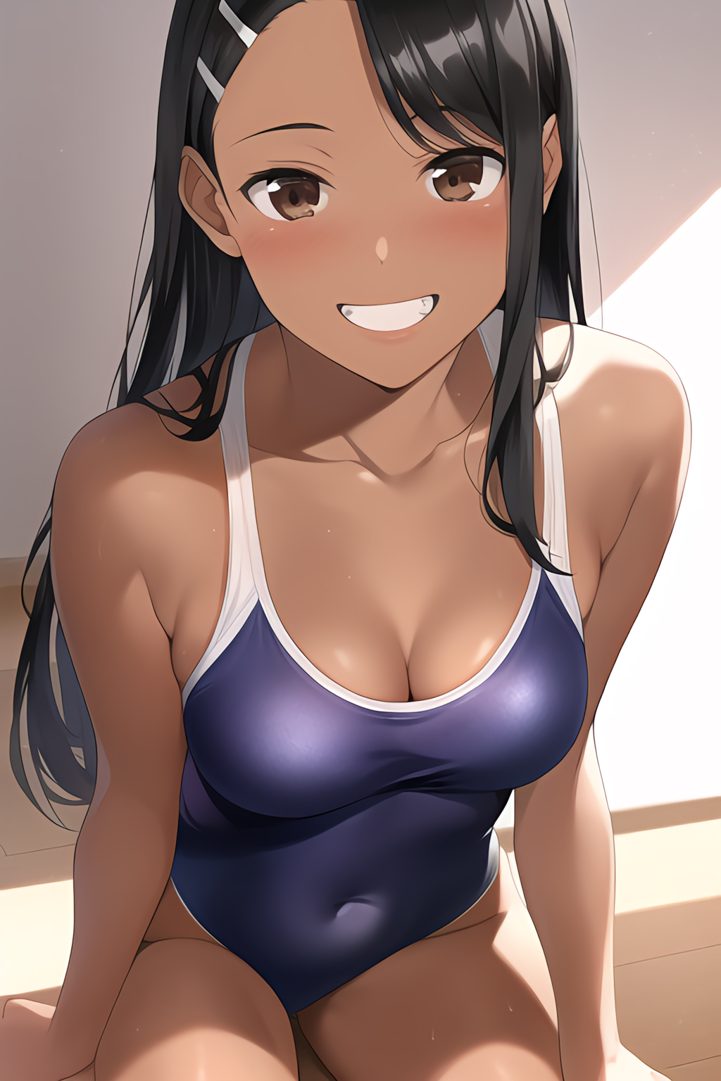 1girls, ai generated, big breasts, black hair, blush, breasts, brown eyes, cleavage, clothed, clothing, female, female focus, female only, hayase nagatoro, hi res, highres, long hair, looking at viewer, mawo, nai diffusion, please don't bully me, nagatoro, pose, revealing clothes, simple background, smile, solo, stable diffusion, swimsuit, tan, tan body, tan skin, tan-skinned female, tanned, tanned female