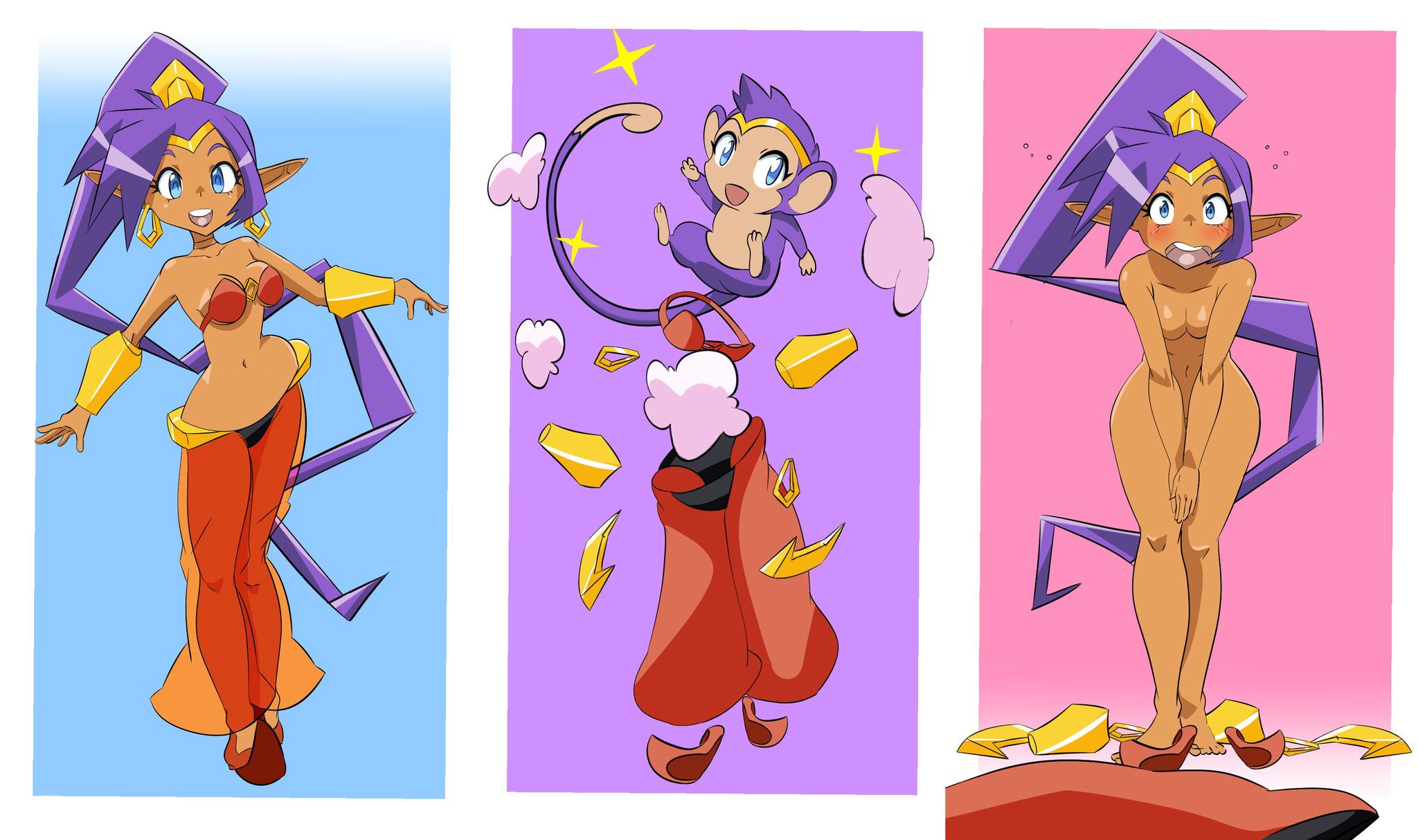 athletic, athletic female, blue eyes, bra, bracelet, breasts, busty, ch4d85, comic, dark skin, dark-skinned female, earrings, embarrassed, embarrassed nude female, enf, female, female focus, female only, genie, haplorhine, hourglass figure, long hair, monkey, monkey shantae, navel, nude, nude female, nudity, pants, pointy ears, ponytail, primate, purple hair, shantae, shantae (character), shoes, tagme, tiara, transformation, undressed, undressing, wardrobe malfunction, wayforward, wide hips