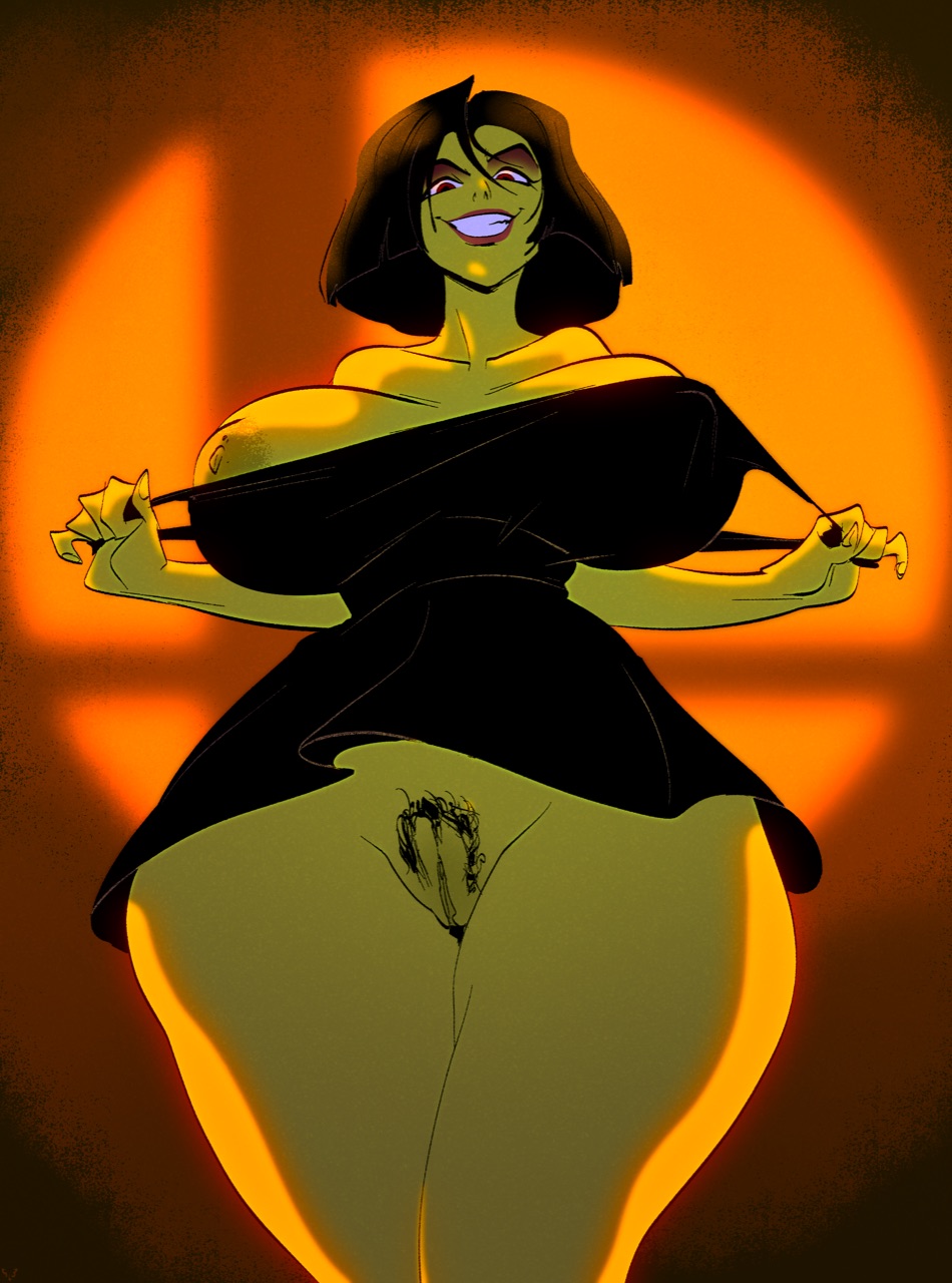 banjo-kazooie black_dress black_hair breasts breasts_exposed eyeshadow female female_focus female_only female_pubic_hair femdom game_over_gruntilda green_skin gruntilda gruntilda_winkybunion huge_breasts large_breasts lips lipstick makeup nipples no_panties no_underwear one_breast_out pubic_hair pussy rareware red_eyes red_lipstick short_dress short_hair slb smile solo super_smash_bros. thick_thighs upskirt wide_hips witch