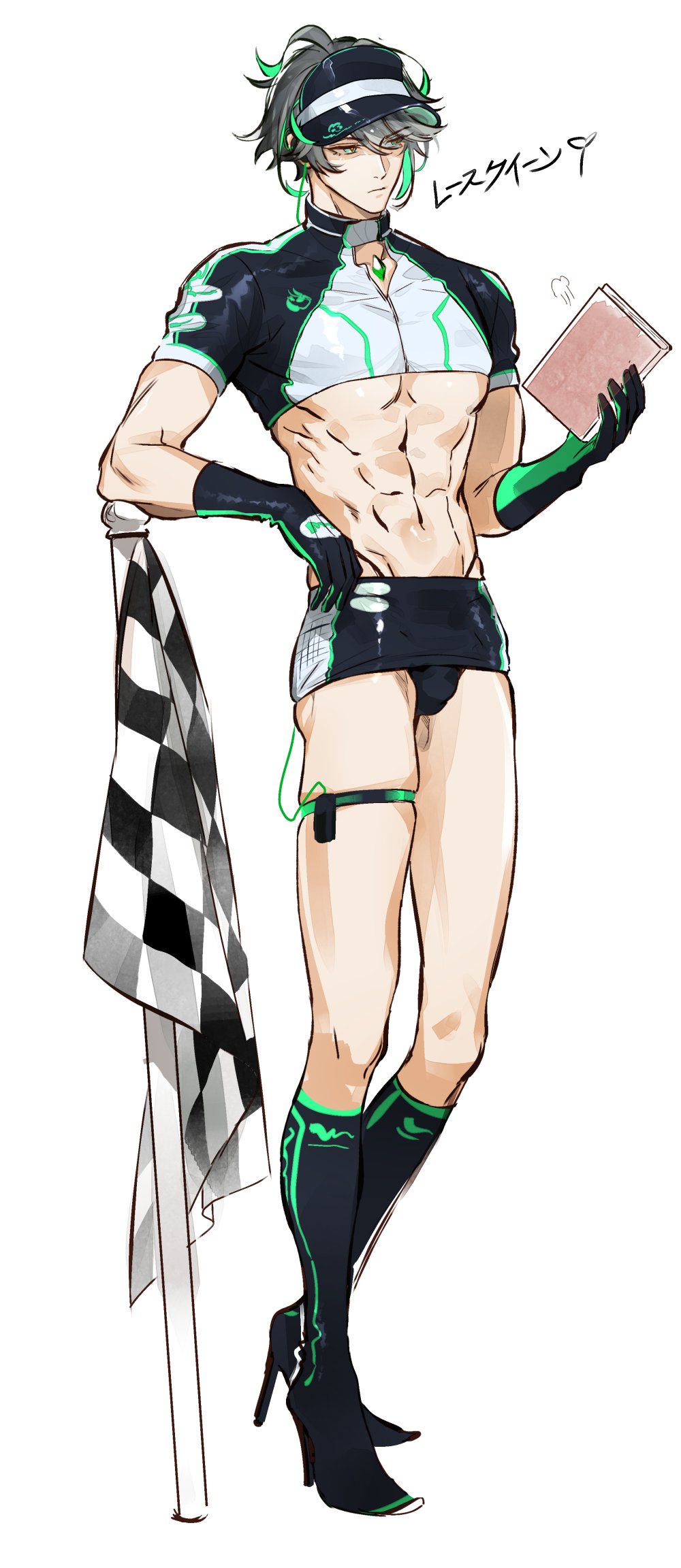 1boy alhaitham_(genshin_impact) crossdressing flagpole gay genshin_impact high_heel_boots high_heels male male_focus male_only miniskirt mob_hwan race_queen racing skimpy_clothes solo thighs yaoi