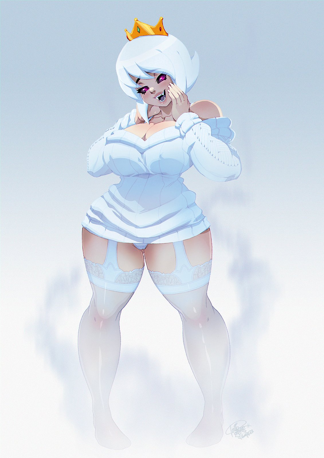 1girls, 2023, big breasts, black sclera, boo (mario), breasts, cleavage, crown, fangs, female, female only, garter straps, hands on cheeks, hi res, humanized, looking back, mario (series), medium hair, nintendo, panties, purple eyes, smile, solo, stockings, sweater, thick thighs, thighhighs, tovio rogers, white hair, white stockings, wide hips