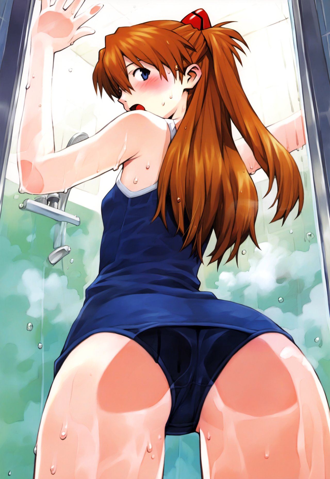 ai generated, ass, asuka langley sohryu, blue eyes, blush, female, long hair, lucifel99, neon genesis evangelion, red hair, shower, showering, steam, steaming body, swimsuit