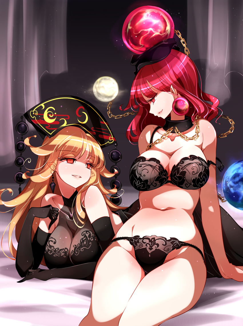 2girls arm_support bare_arms bare_shoulders bed_sheet better_version_at_source big_breasts black_bra black_choker black_dress black_gloves black_panties blonde_hair bra breasts chains choker collarbone commentary_request curtains dress earrings earth_(ornament) elbow_gloves feet_out_of_frame gloves groin headdress hecatia_lapislazuli jewelry junko_(touhou) large_breasts long_hair looking_at_another looking_down lowres lying moon_(ornament) multiple_girls navel night night_sky no_nose on_stomach panties parted_lips pointy_ears profile raptor7 reclining red_eyes red_hair sitting sky smile stomach strap_slip tassel thighs touhou underwear underwear_only yuri