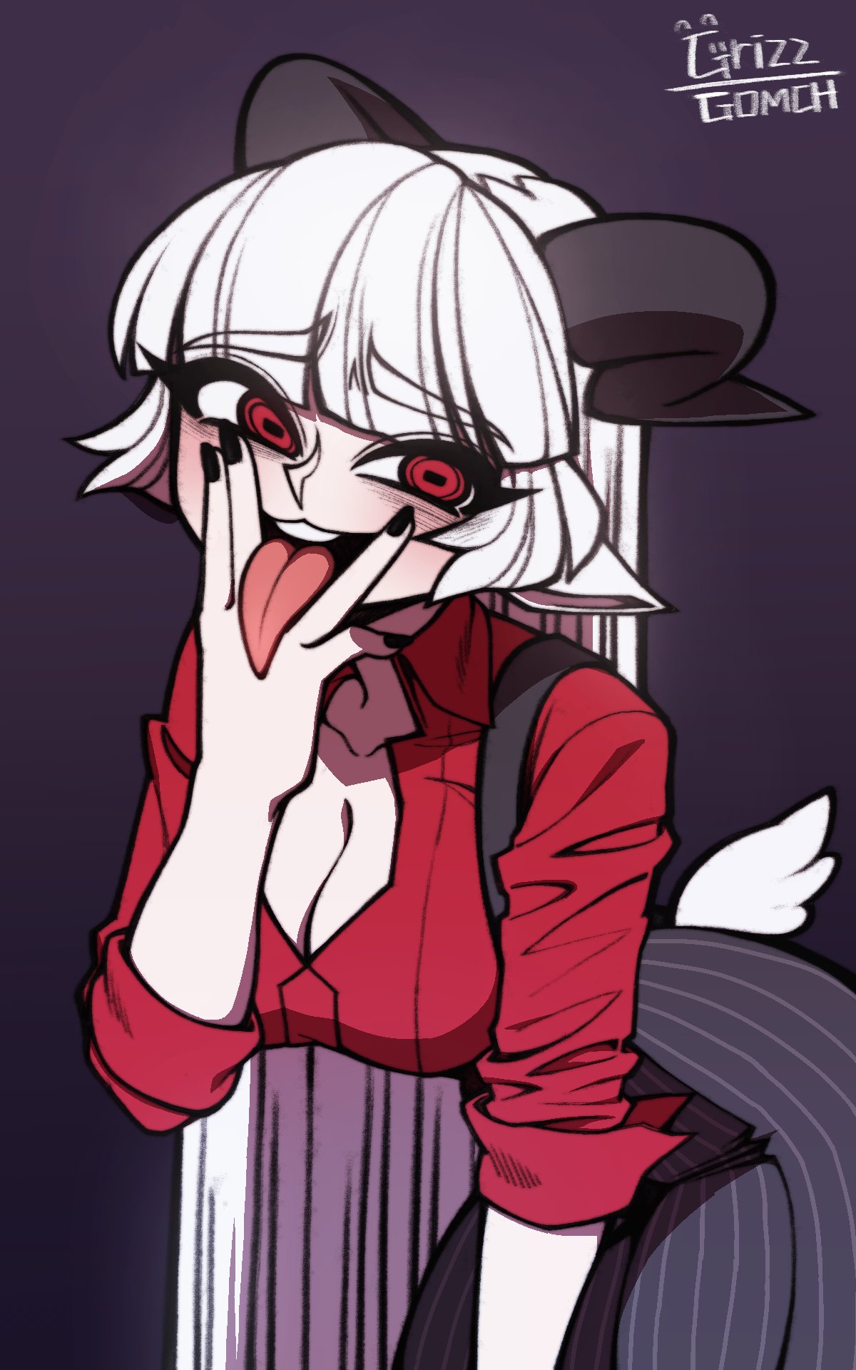 animal_ears artist_name baphomet baphomet_(grizz) black_horns black_nails blunt_bangs blush breasts cleavage collarbone collared_shirt cowboy_shot cunnilingus_gesture curled_horns dark_background female goat goat_ears goat_girl goat_horns goat_tail grizz helltaker high-waist_pants highres horizontal_pupils horns large_breasts leaning_forward long_hair long_sleeves looking_at_viewer nail_polish open_clothes open_mouth open_shirt pants pinstripe_pants pinstripe_pattern purple_background red_eyes red_shirt shirt sidelocks sleeves_rolled_up solo striped suspenders symbol-shaped_pupils teeth tongue tongue_out upper_teeth_only very_long_hair white_hair white_tail