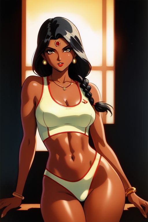 1girls abs ai_generated bangle bare_legs bare_thighs big_breasts bindi black_hair braid cleavage dark-skinned_female dark_skin fit_female hourglass_figure indian indian_female navel necklace red_lipstick solo solo_female sports_bra sports_panties sportswear thick_thighs wide_hips window