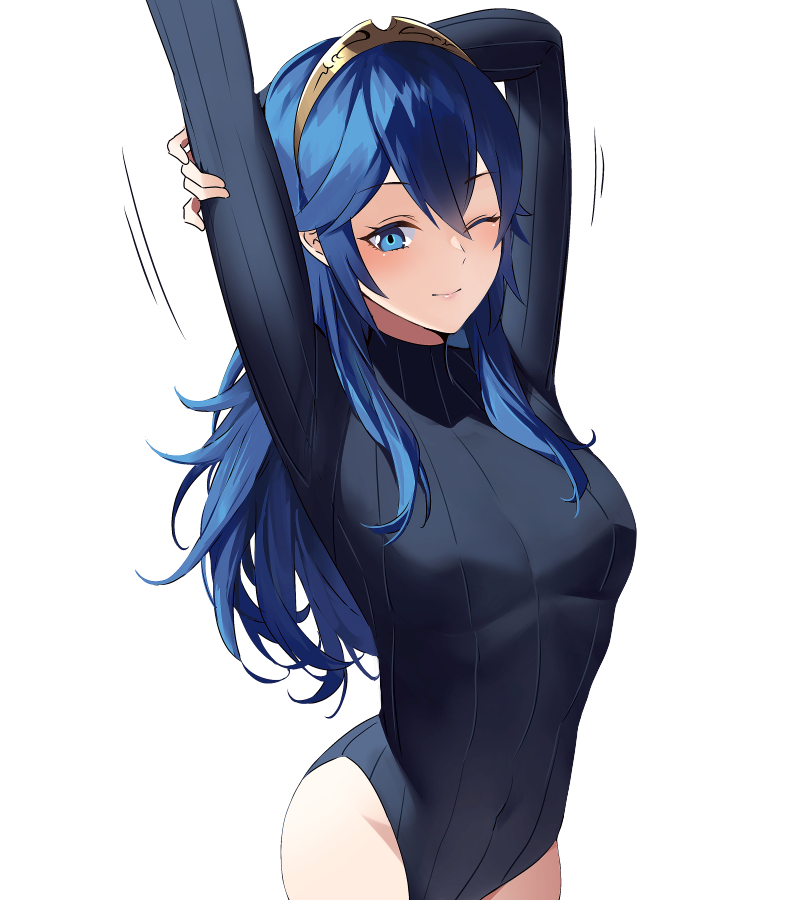 1girls ameno_(a_meno0) arms_up blue_eyes blue_hair breasts covered_navel female female female_only fire_emblem fire_emblem_awakening holding_own_arm leotard long_hair long_sleeves lucina_(fire_emblem) nintendo one_eye_closed simple_background small_breasts solo tiara turtleneck very_long_hair wavy_hair white_background