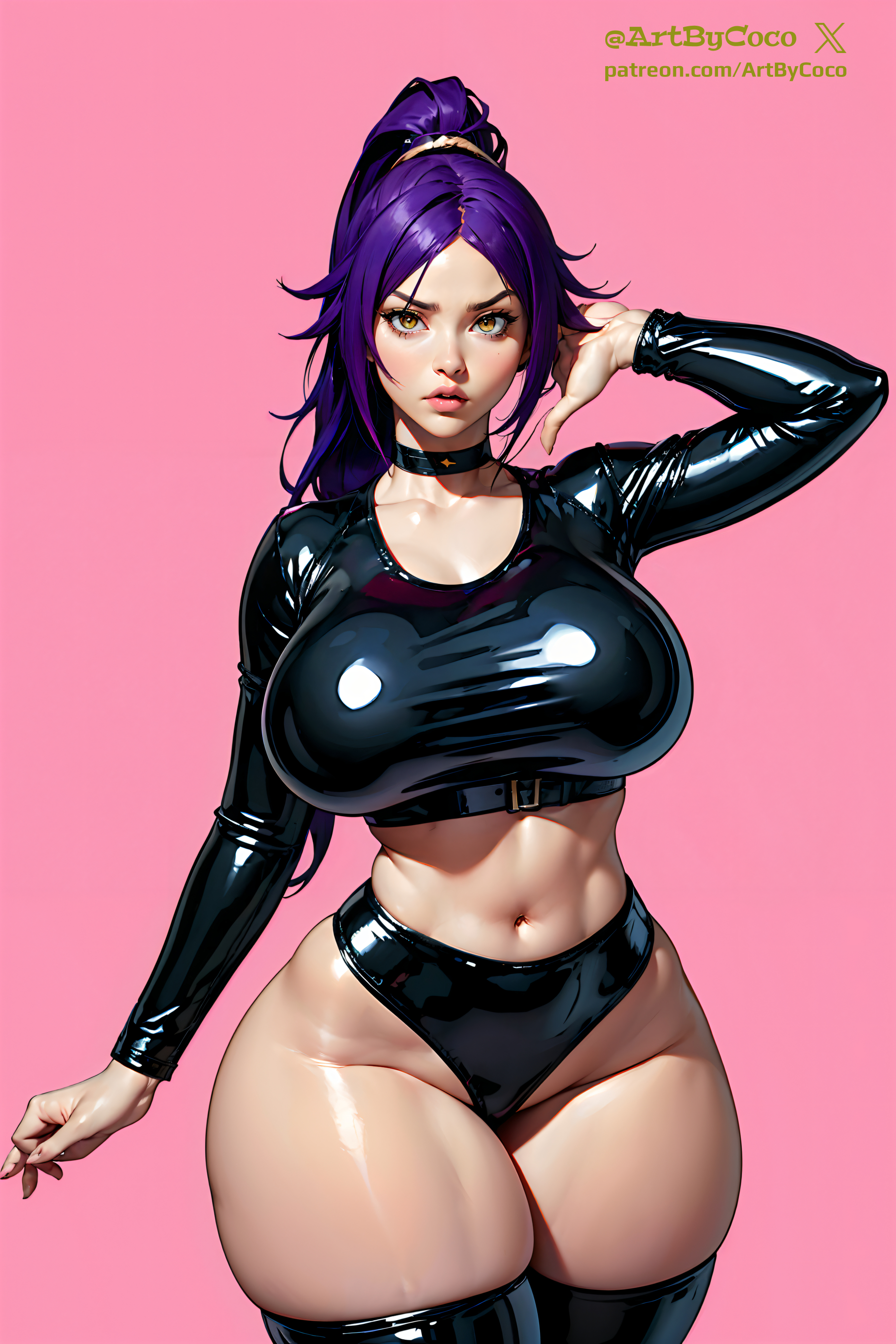 ai generated, artbycoco, big breasts, bleach, breasts, female, purple hair, shihouin yoruichi, thick thighs, wide hips
