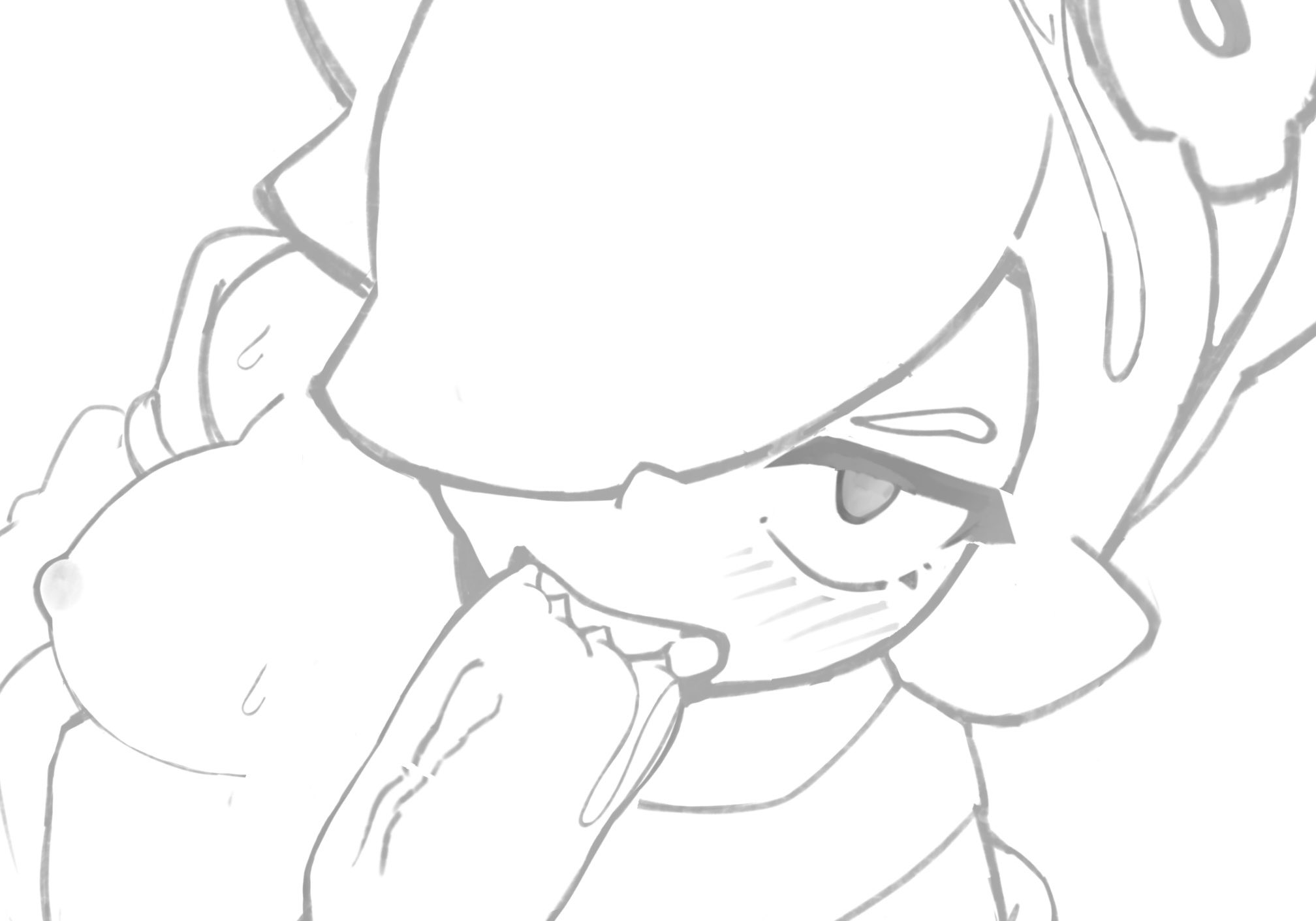 blush, brawl stars, breasts, colette (brawl stars), fellatio, female, looking at viewer, male, oral, penis, pointy teeth, sucking penis, xyraabs