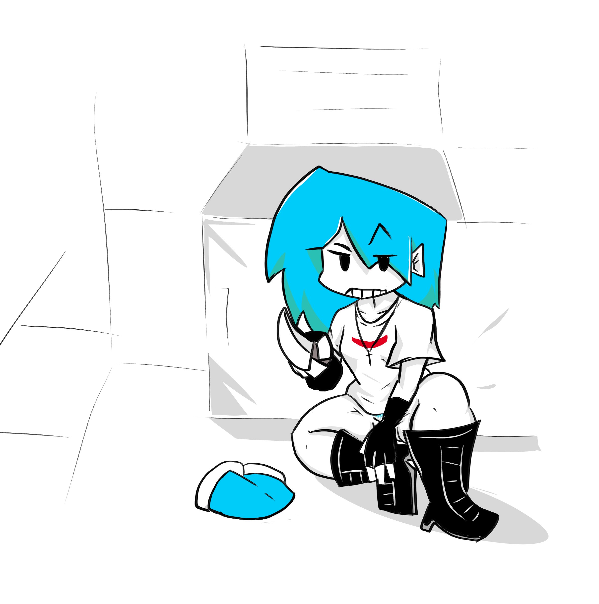 1girls, caught masturbating, female, friday night funkin, friday night funkin mod, hand covering pussy, holding weapon, knife, nusky, nusky (friday night funkin), pubic hair, pubic hair peek, pussy, sky (friday night funkin), skyverse, tagme, unknown artist