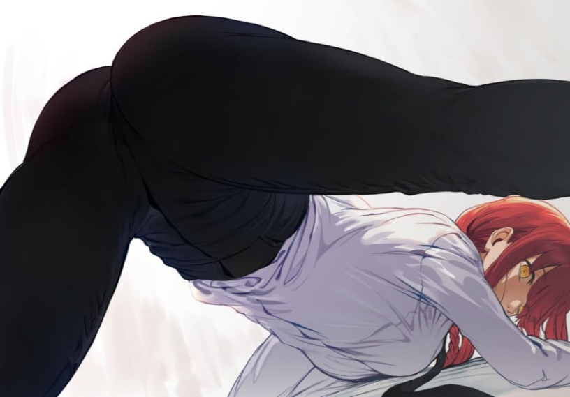 ass, black pants, breasts, chainsaw man, female, large breasts, leg up, long hair, long sleeves, makima (chainsaw man), pants, red hair, shirt, solo, standing, standing on one leg, white shirt, yellow eyes
