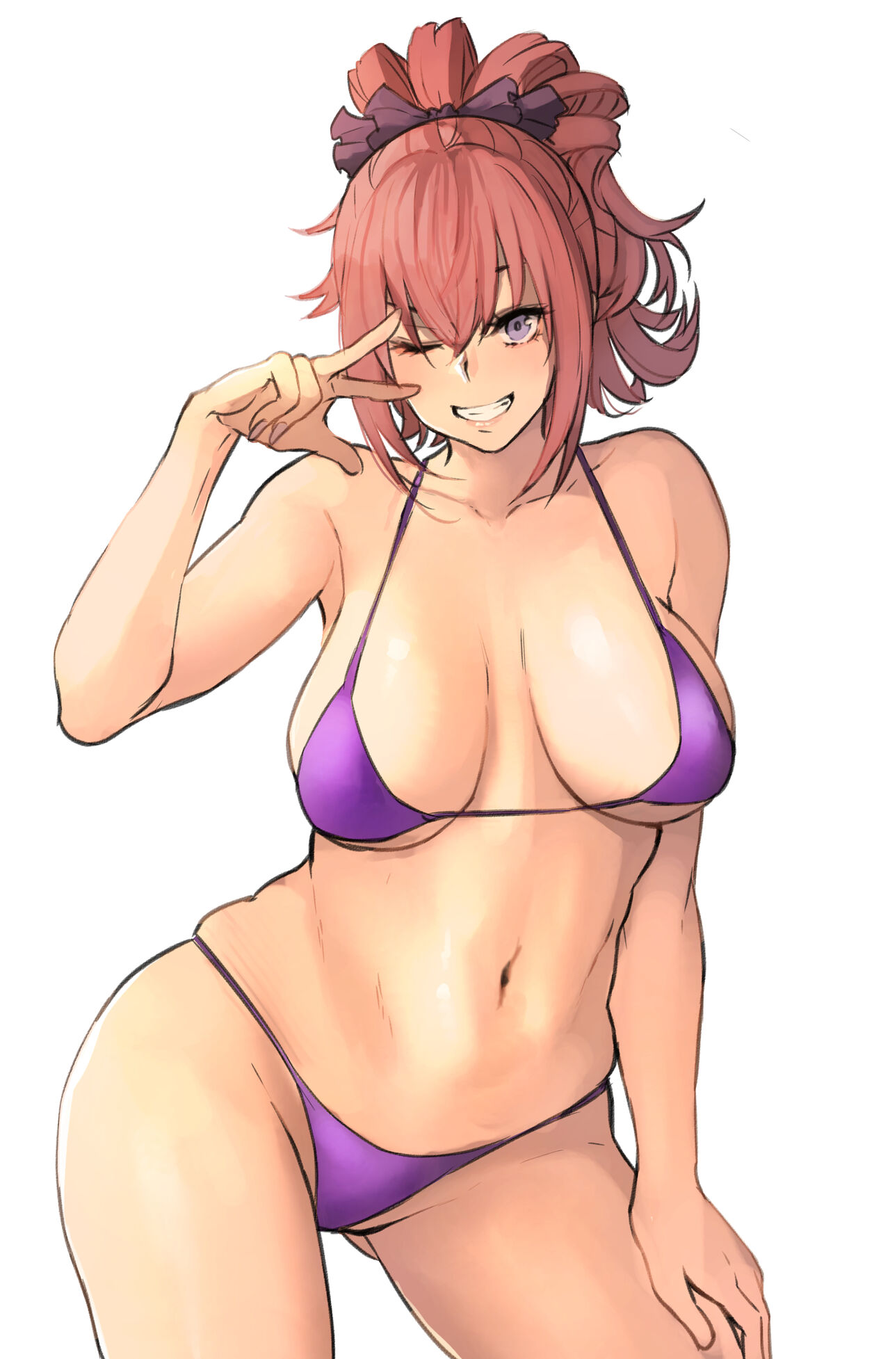 1girls, 2017, ass visible through thighs, bikini, blue eyes, blush, bow, breasts, cleavage, female, female only, grin, gyaru, hair ribbon, hand on thigh, highres, large breasts, looking at viewer, one eye closed, original, pepe (jonasan), pink hair, pink-haired gyaru (pepe (jonasan)), ponytail, purple bikini, ribbon, simple background, smile, solo, standing, swimsuit, teeth, thighs, tied hair, w, white background, wink