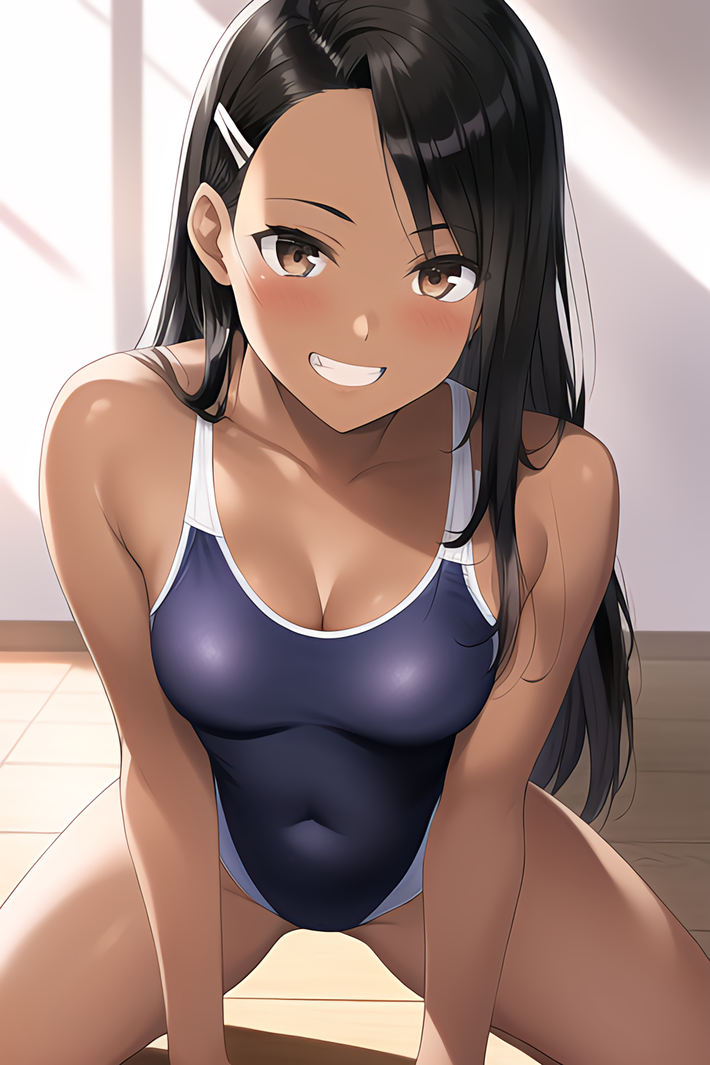 1girls, ai generated, big breasts, black hair, blush, breasts, brown eyes, cleavage, clothed, clothing, female, female focus, female only, hayase nagatoro, hi res, highres, long hair, looking at viewer, mawo, nai diffusion, please don't bully me, nagatoro, pose, revealing clothes, simple background, smile, solo, stable diffusion, swimsuit, tan, tan body, tan skin, tan-skinned female, tanned, tanned female