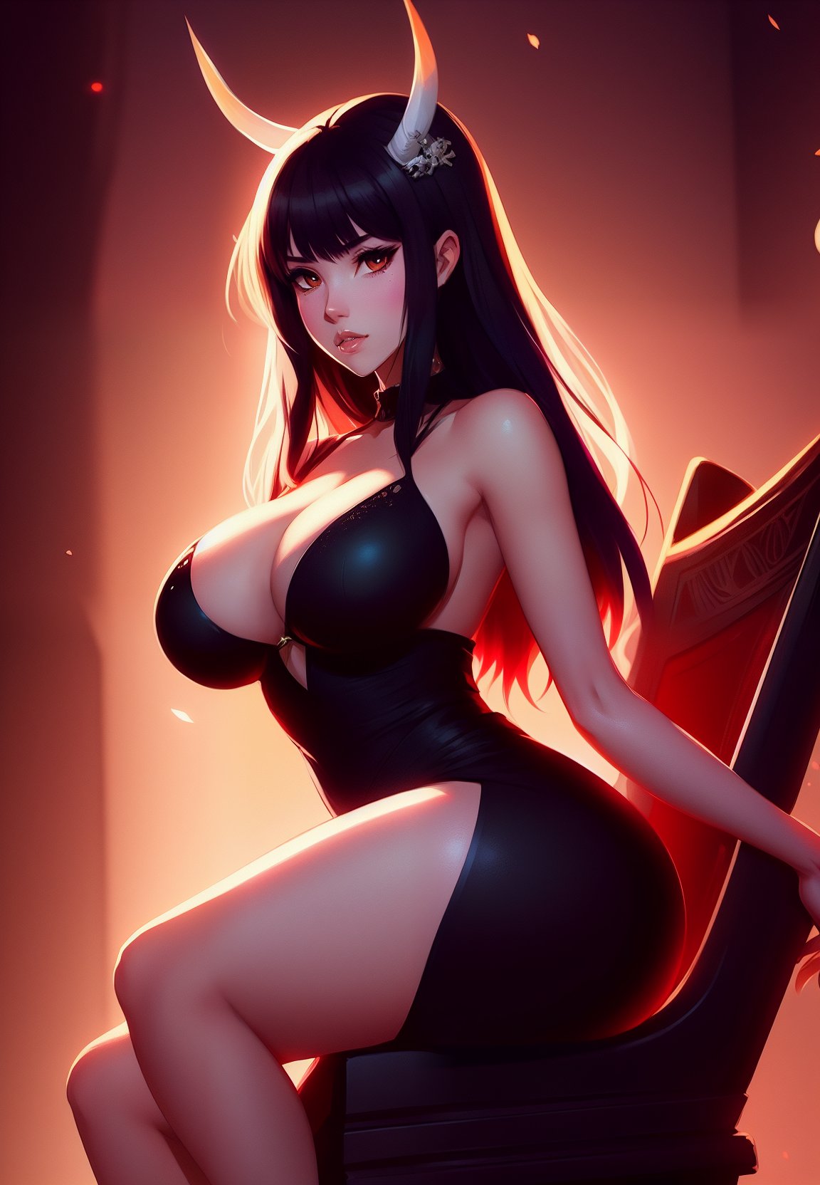 1girls, ai generated, black hair, curvaceous, curvy female, curvy figure, demon, demon girl, demon horns, female, female focus, female only, high resolution, long hair, looking at viewer, nai diffusion, original, seductive look, solo, stable diffusion, voluptuous, voluptuous female
