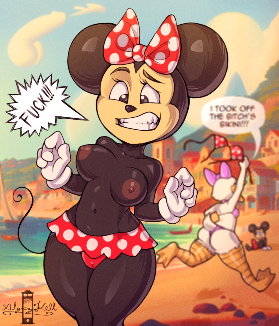 algozhell anthro areolae ass beach big_breasts bikini black_skin breasts cameltoe daisy_duck disney duck erection erection_under_clothes gloves mickey_mouse minnie_mouse mouse nipples outdoors outside polka_dot_bikini stolen_bikini swimsuit tagme thick_thighs topless wide_hips