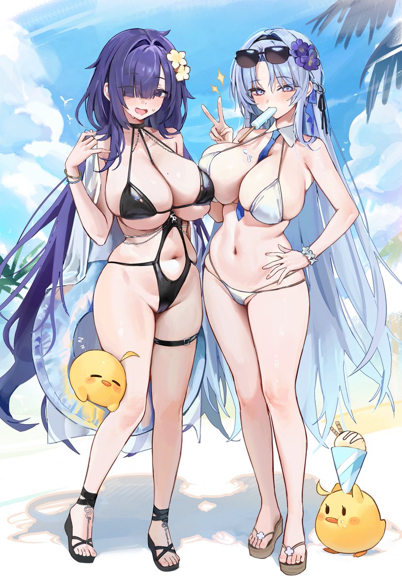2girls, alsace (azur lane), alsace (heat-beating summer sacrament) (azur lane), azur lane, beach, bikini, black footwear, black one-piece swimsuit, blue eyes, blue hair, blue sky, breasts, clothing cutout, cloud, cloudy sky, eyewear on head, female, flower, food, food in mouth, full body, gompang 11, hair flower, hair ornament, hair over one eye, hand on own hip, highres, huge breasts, iris libre (azur lane), light blue hair, light skin, light-skinned female, long hair, looking at viewer, manjuu (azur lane), mogador (azur lane), mogador (locker room lechery) (azur lane), mole, mole on breast, multiple females, multiple girls, navel, navel cutout, official alternate costume, one-piece swimsuit, palm leaf, palm tree, popsicle, popsicle in mouth, sandals, skindentation, sky, standing, stomach, sunglasses, swimsuit, v, very long hair, vichya dominion (azur lane), white bikini