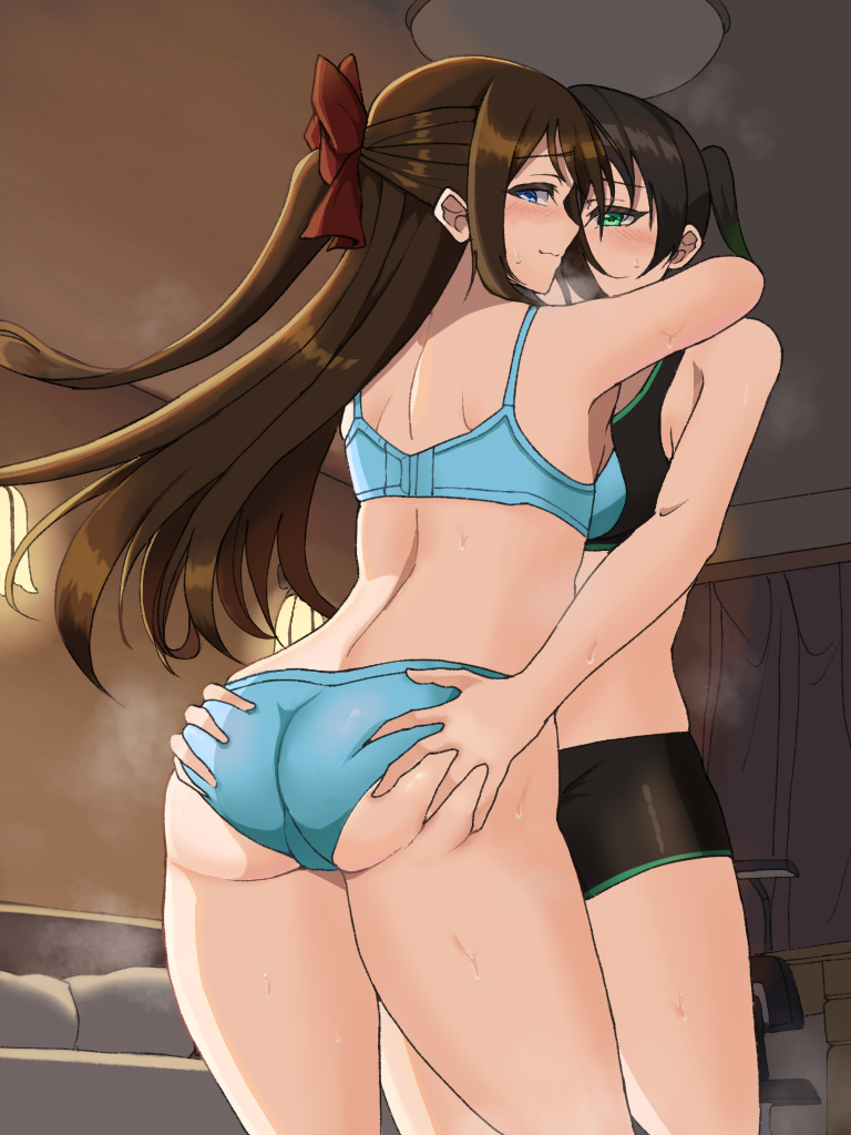 2girls ass ass_grab black_bra blue_bra blue_panties blush bra butt_crack grabbing_ass hands_on_ass hug indoors looking_back love_live! love_live!_nijigasaki_high_school_idol_club momo_mochi_(favk5328) multiple_girls ousaka_shizuku panties shorts sports_bra squeezing_butt steaming_body sweat sweating takasaki_yuu underwear yuri