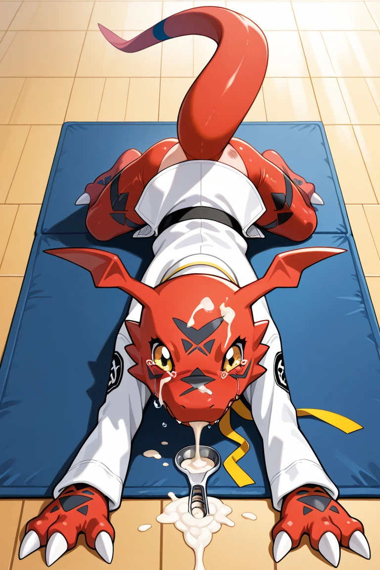 ai_generated cum_in_mouth digimon guilmon karate_gi male_only red_body