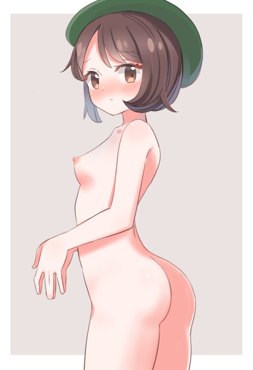 1girls, ass, blush, female, female only, gloria (pokemon), hat, looking at viewer, nipples, nude, pokemon, pokemon ss, shikama, solo, tagme