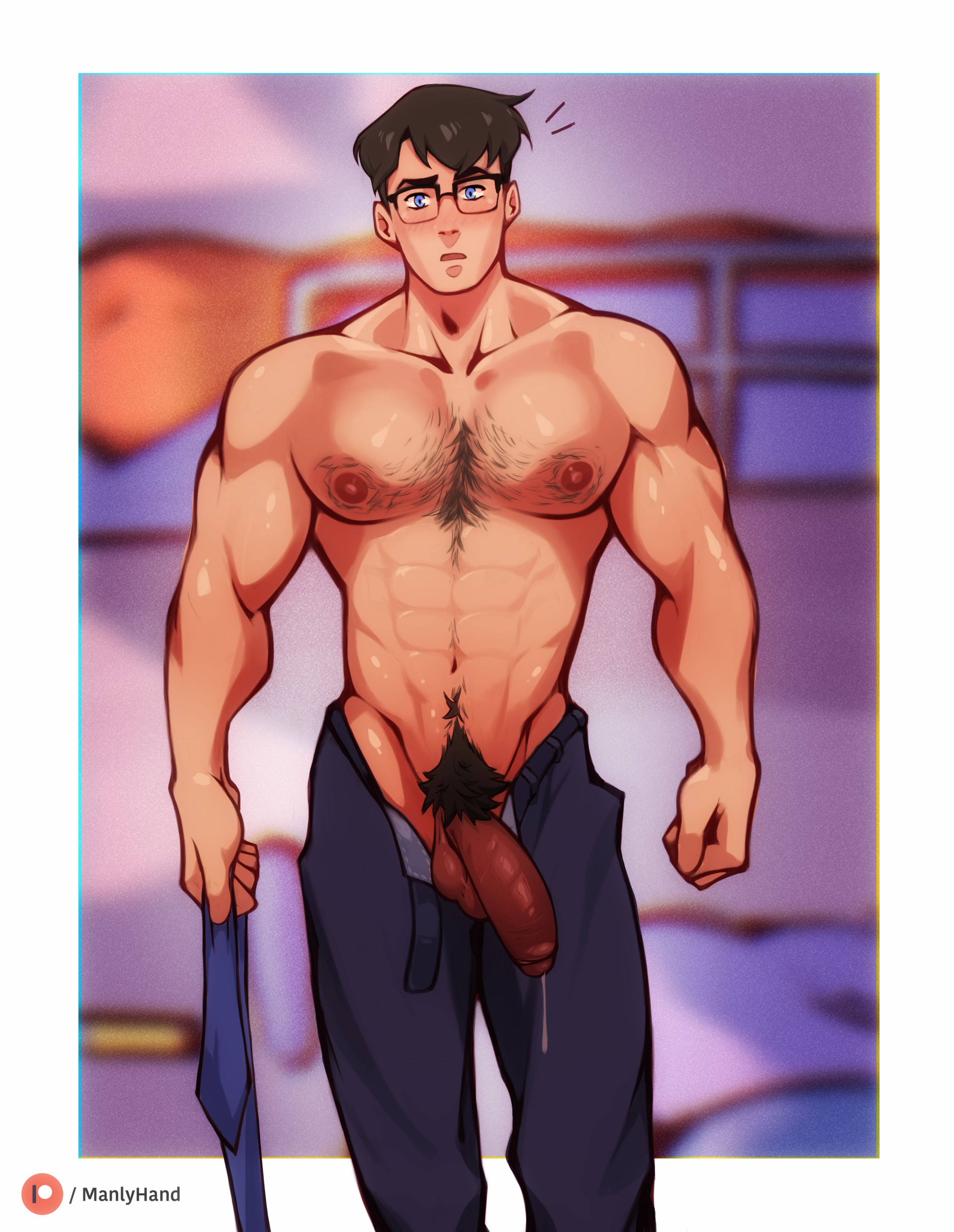 1boy, abs, aroused, balls, belt, biceps, black hair, blue eyes, bodily fluids, chest hair, clark kent, clark kent (my adventures with superman), gay, gay male, glasses, half naked, half-dressed, kal-el, male, male only, manlyhand, naked, naked male, necktie, nipples, nude, nude male, open clothes, pants, pecs, pectorals, penis, precum, pubic hair, superman, superman (clark kent), superman (series), thick penis, yaoi