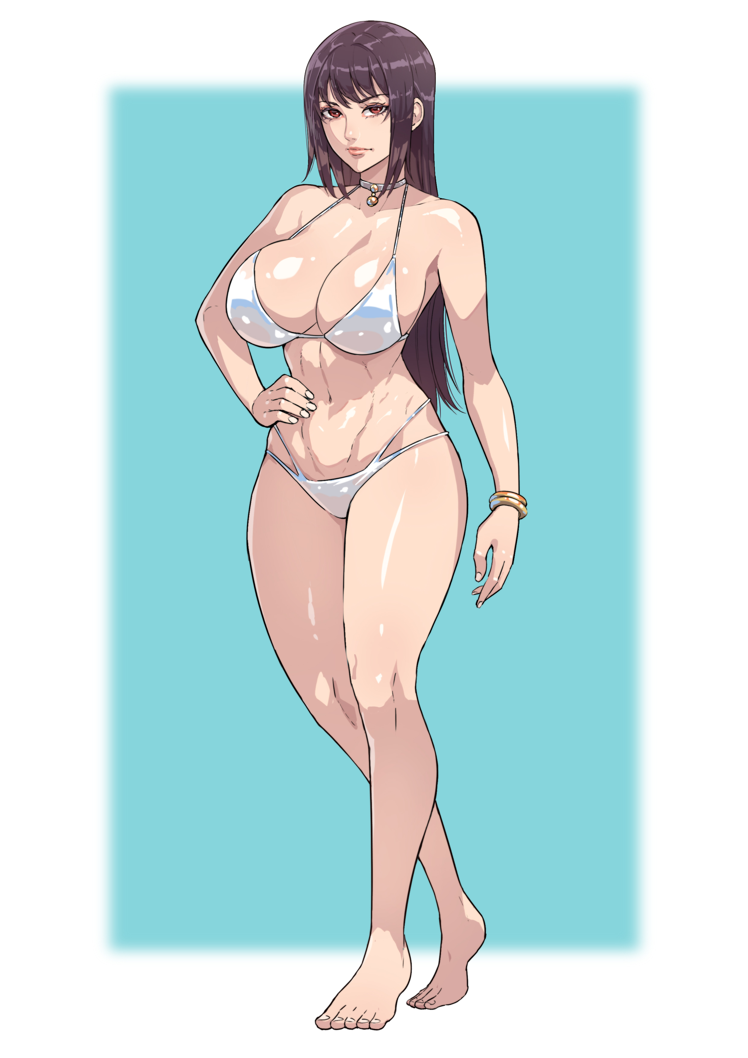 1girls, big breasts, bikini, breasts, cirenk, clothed, clothing, curvy, female, female focus, female only, hi res, highres, long hair, looking at viewer, please don't bully me, nagatoro, pose, president (nagatoro), purple hair, red eyes, revealing clothes, sana sunomiya, simple background, solo, standing, wide hips