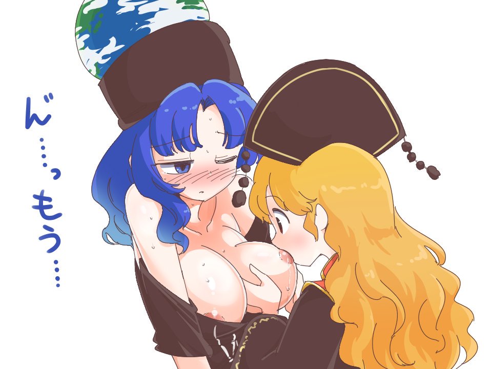 2girls bare_shoulders black_dress black_shirt blonde_hair blue_eyes blue_hair blush breast_sucking breasts collarbone dress earth_(ornament) headdress hecatia_lapislazuli hecatia_lapislazuli_(earth) itatatata junko_(touhou) large_breasts long_hair long_sleeves looking_at_another multiple_girls nipples nose_blush off-shoulder_shirt off_shoulder one_eye_closed shirt short_sleeves simple_background tabard tassel touhou translation_request upper_body white_background wide_sleeves yuri