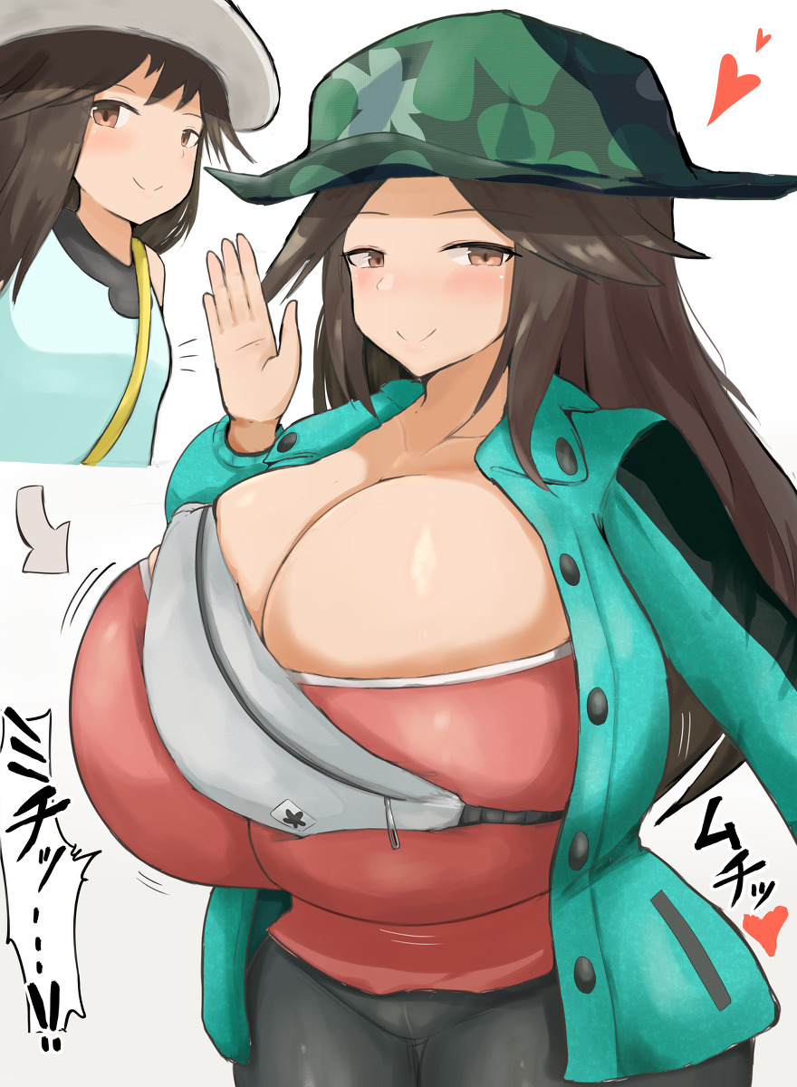 1girls aged_up alternate_costume blush blushing_at_viewer breast_expansion breast_jiggle green_(pokemon) huge_breasts leaf_(pokemon) looking_at_viewer m_dairy mo_mo_nyguugyou official_alternate_costume pokemon pokemon_frlg pokemon_masters sygna_suit_leaf