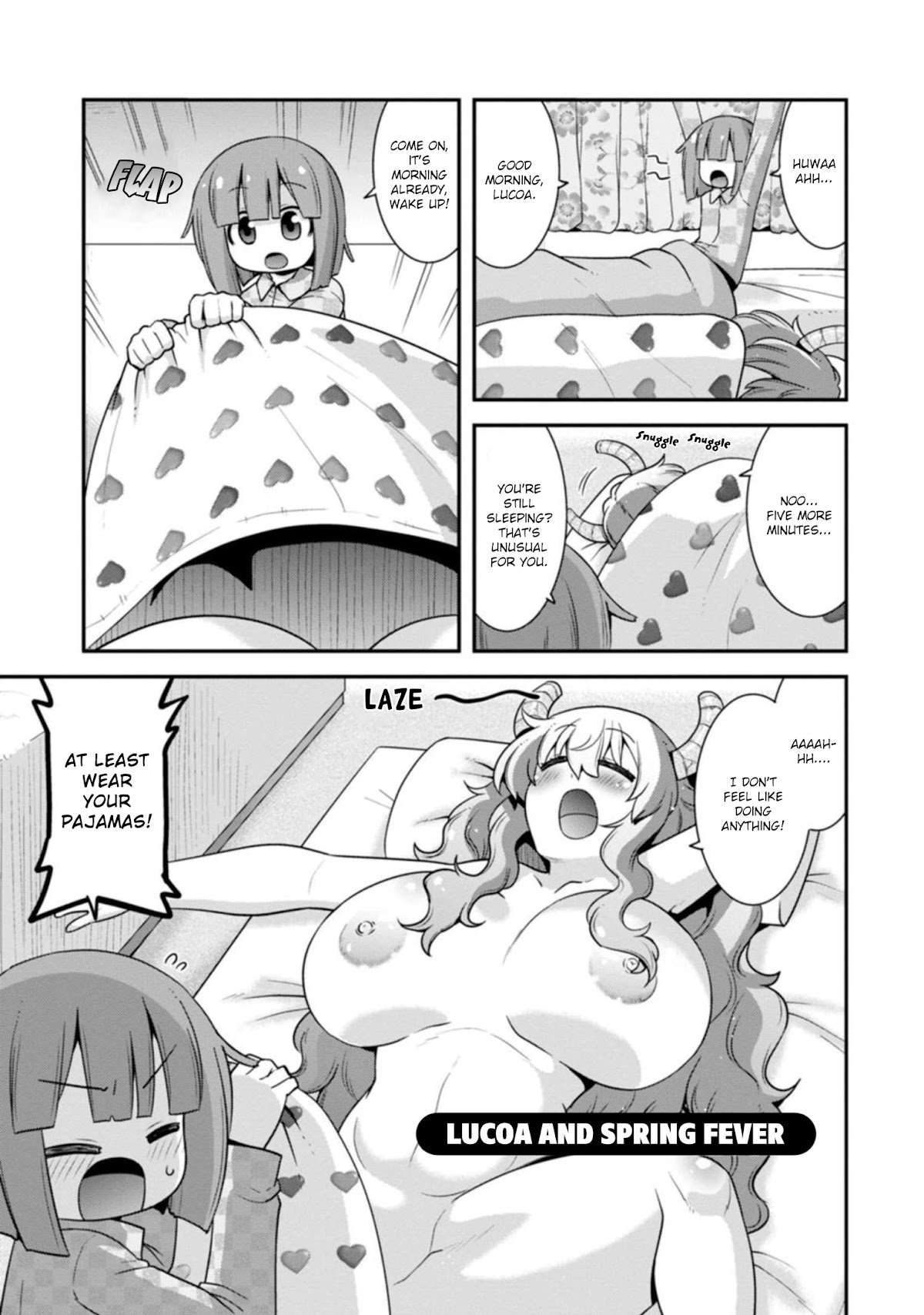 1boy, 1girls, age difference, big breasts, boobs, breasts, canon, canonical scene, comic, completely naked, completely nude, dragon, dragon girl, dragon horns, dragon humanoid, exposed body, exposed breasts, female, horn, horned female, horned humanoid, horns, huge breasts, humanoid, kobayashi-san chi no maidragon, large breasts, lucoa, lucoa (maidragon), magatsuchi shouta, male, manga, miss kobayashi's dragon maid, miss kobayashi's dragon maid lucoa is my xx, naked, naked female, nipples, nude, nude female, official art, older female, older female and younger male, quetzalcoatl (dragon maid), sleeping nude, tired, tits, under covers, yawn, younger male