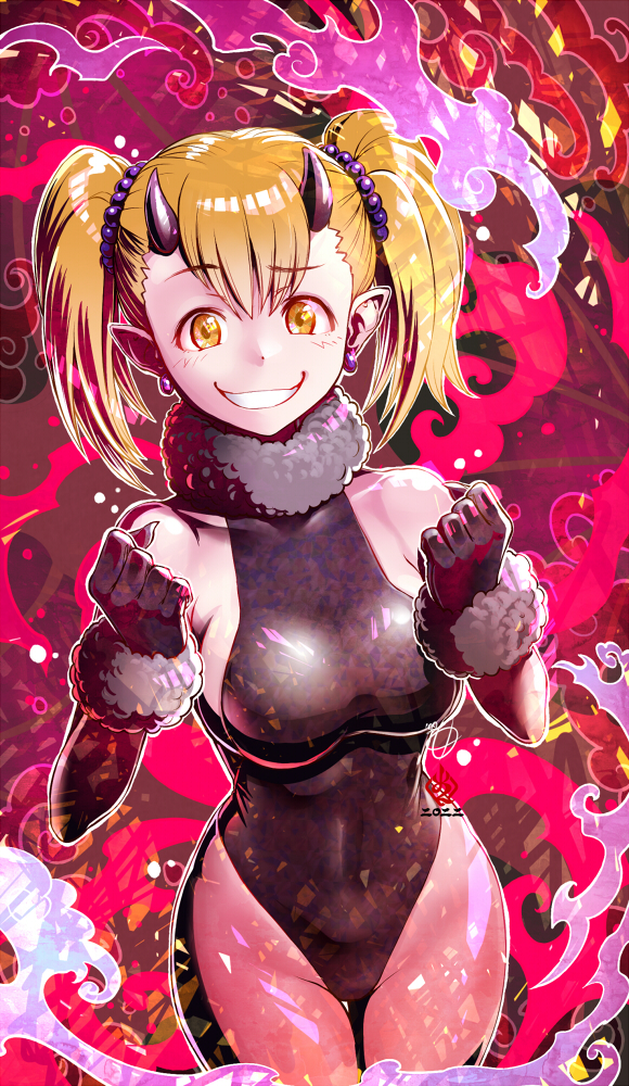 1girls, amaguchi chiyoko, big breasts, blonde hair, blush, breasts, brown eyes, clothed, clothing, curvy, demon, demon girl, demon horns, demon tail, detailed background, female, female focus, female only, fur trim, hi res, highres, looking at viewer, medium hair, please don't bully me, nagatoro, pointy ears, revealing clothes, sideboob, smile, solo, twintails, watermark, wide hips, yoshi (nagatoro)