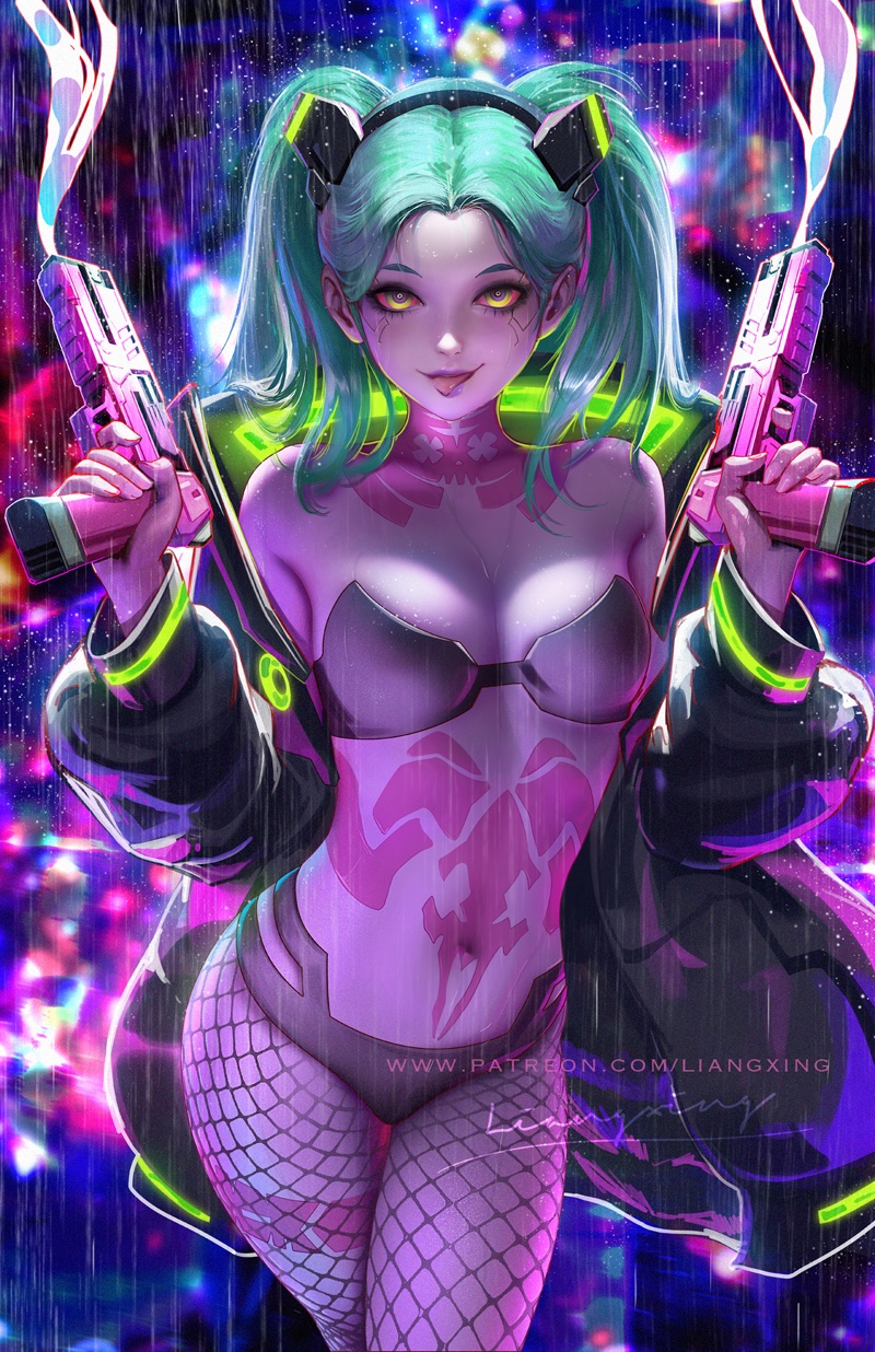 1girls casual cd_projekt_red cybernetics cyberpunk:_edgerunners cyberpunk_2077 digital_drawing_(artwork) digital_media_(artwork) female firearm green_hair gun guns handgun human jacket liang_xing netflix off_shoulder outerwear pale_skin rebecca_(edgerunners) weapon