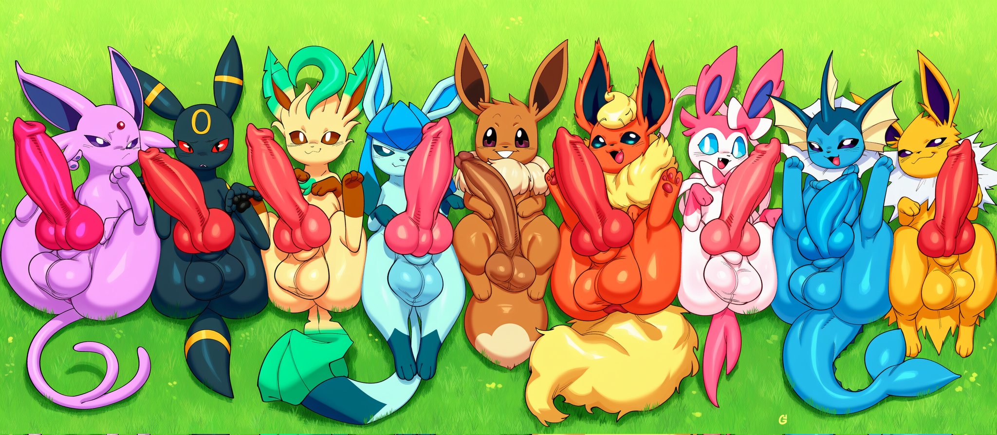 2025, absurd res, ai generated, all eeveelutions, animal genitalia, animal penis, anus, ass, backsack, balls, balls touching, ballsack, big balls, big knot, big penis, blue body, canid, canine penis, darkened balls, darkened genitalia, eevee, eeveelution, erection, espeon, feral, flareon, generation 1 pokemon, generation 2 pokemon, generation 4 pokemon, generation 6 pokemon, genitals, glaceon, group, hellsonger, hi res, huge balls, huge cock, humanoid genitalia, humanoid penis, hyper, jolteon, knot, leafeon, looking at viewer, lying, male, male/male, mammal, nintendo, on back, penile, penis, pink body, plant, pokemon, pokemon (species), sex, smile, sylveon, take your pick, umbreon, vaporeon
