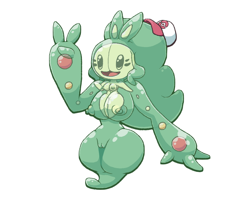 2023 3_fingers alpha_channel alternate_species anthro areola biped breasts chabble clothing curvy_figure digital_media_(artwork) female fingers generation_5_pokemon gesture green_body hat headgear headwear hilda_(pokemon) nintendo nipples open_mouth open_smile pokemon pokemon_(species) pokemorph reuniclus smile solo transparent_background v_sign wide_hips