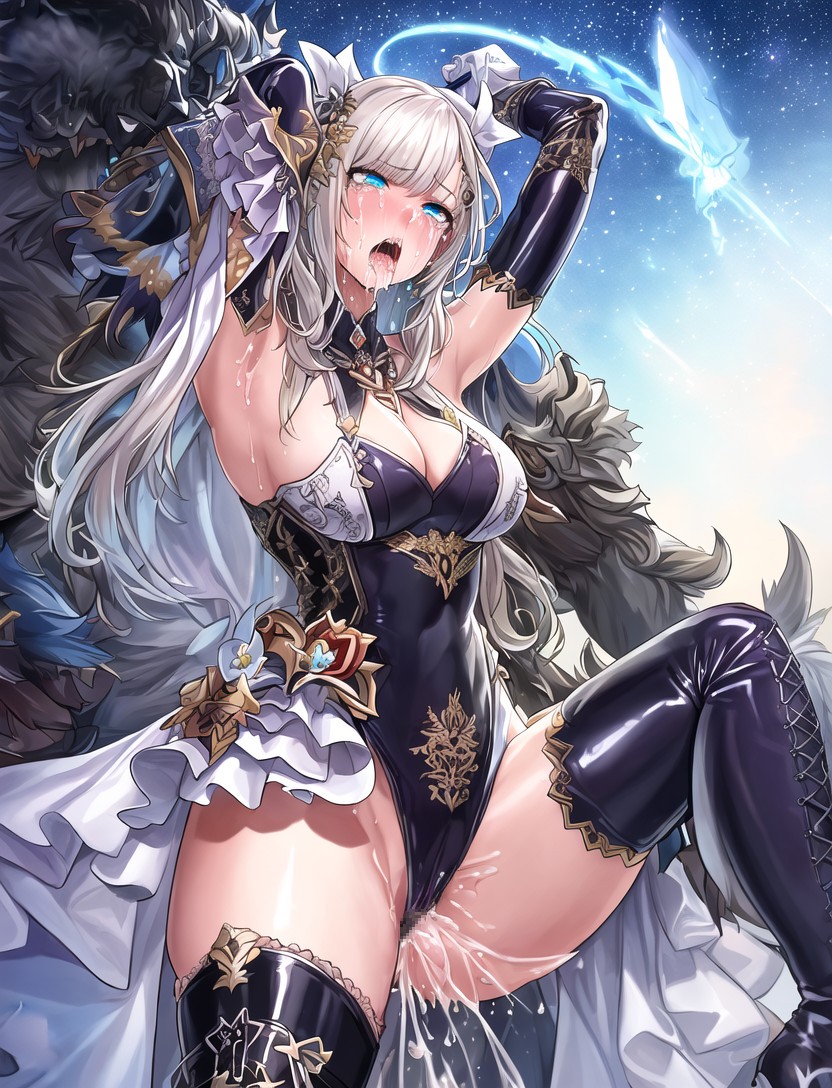 ahe_gao ahegao ai_generated blue_eyes creampie high_heel_boots high_heels interspecies latex lycan lycanthrope oc original original_character silver_hair stable_diffusion tagme werewolf white_hair