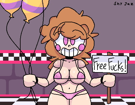 animatronic balloons bikini bikini_bottom bikini_top brown_hair five_nights_at_freddy's jj_(fnaf) pink_bikini pink_eyes robot robot_girl shy_jaz text