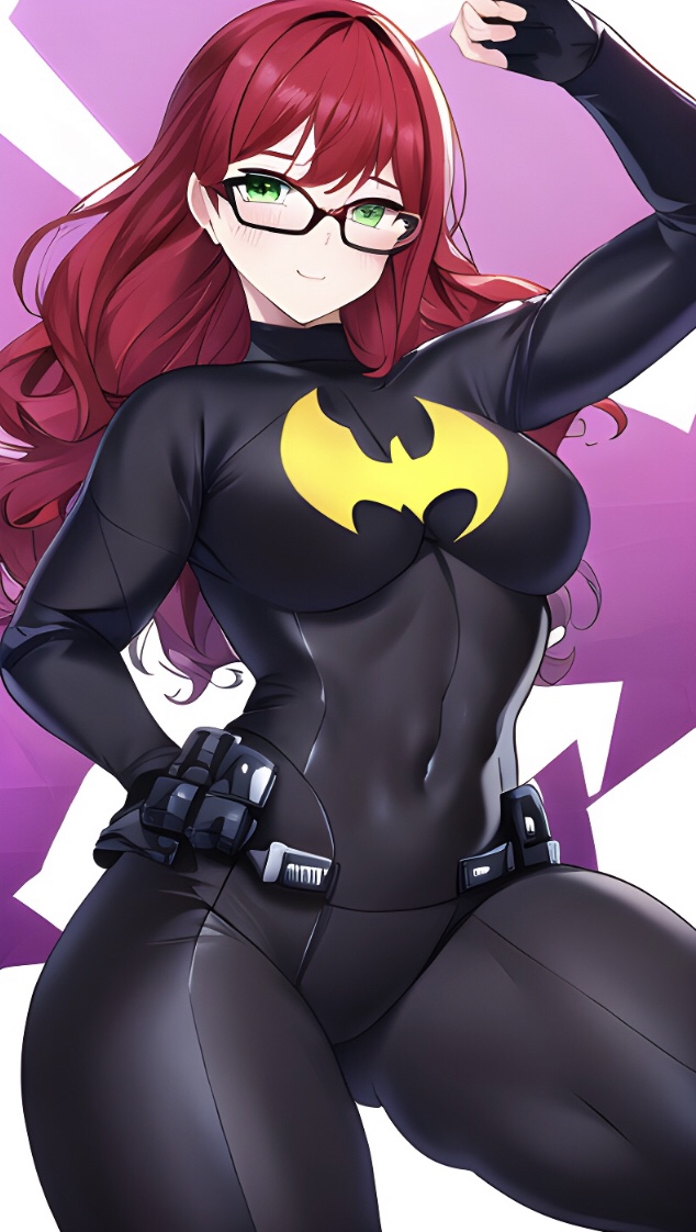 ai generated, anime style, barbara gordon, batgirl, batman (series), big breasts, black suit, breasts, coon8384, dc, dc comics, female, glasses, green eyes, red hair, thick thighs, thunder thighs