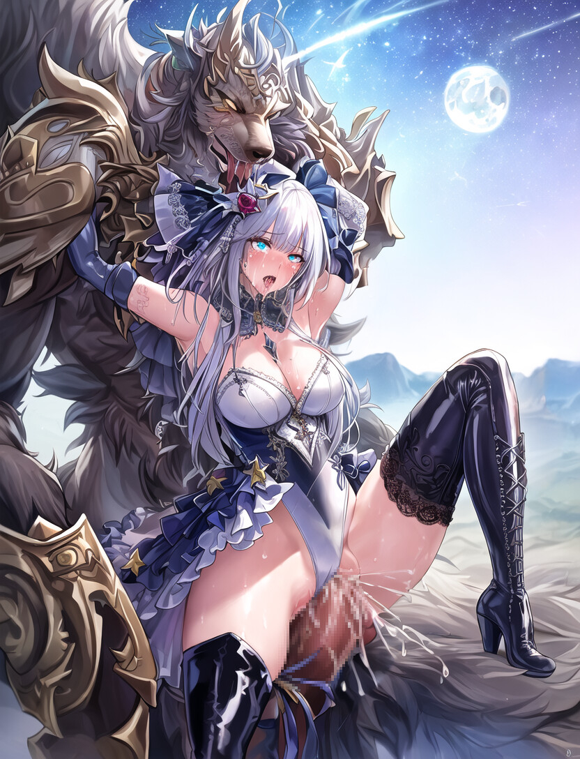 ahe gao, ahegao, ai generated, blue eyes, creampie, female, high heel boots, high heels, interspecies, latex, lycan, lycanthrope, oc, original, original character, silver hair, stable diffusion, tagme, werewolf, white hair